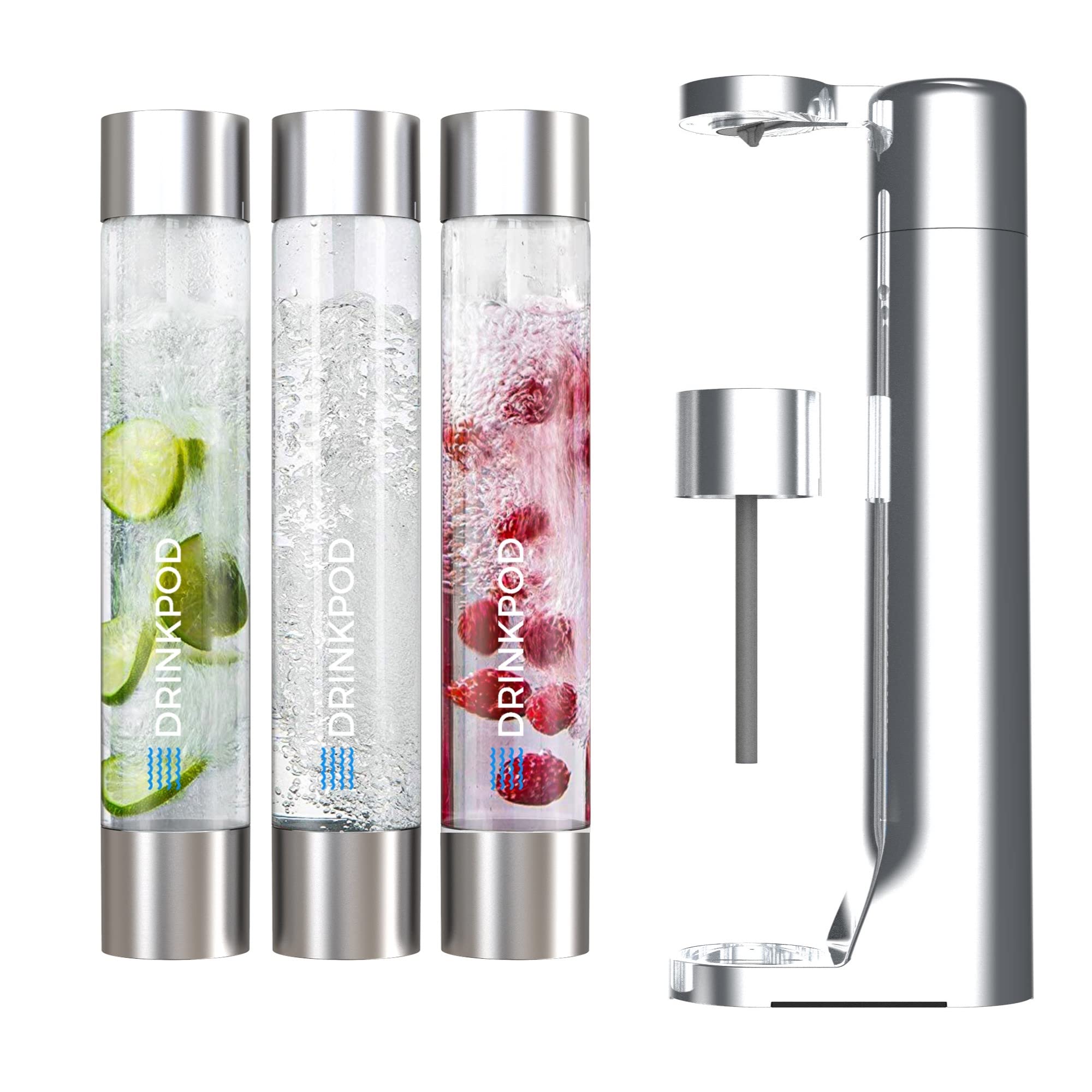 Fizzpod Soda Maker Machine - Home Carbonation System for Sparkling Water, Soda & Fizzy Drinks with 3 PET Bottles, 3 Caps & Carbonator Cap - Perfect for Coffee, Tea, Cocktails & Fruit Infusions (Chrome + 2 Green Brushes) | Great for Parties, Home Bars & Healthy Hydration