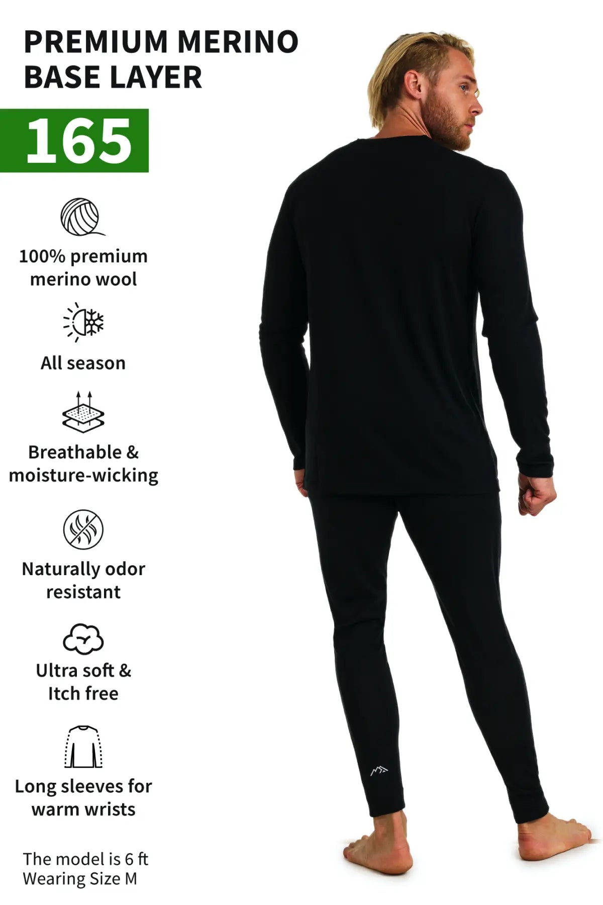 Men's Merino Wool Thermal Underwear Set - 165 GSM Black | Base Layer for Winter, Skiing & Outdoor Activities
