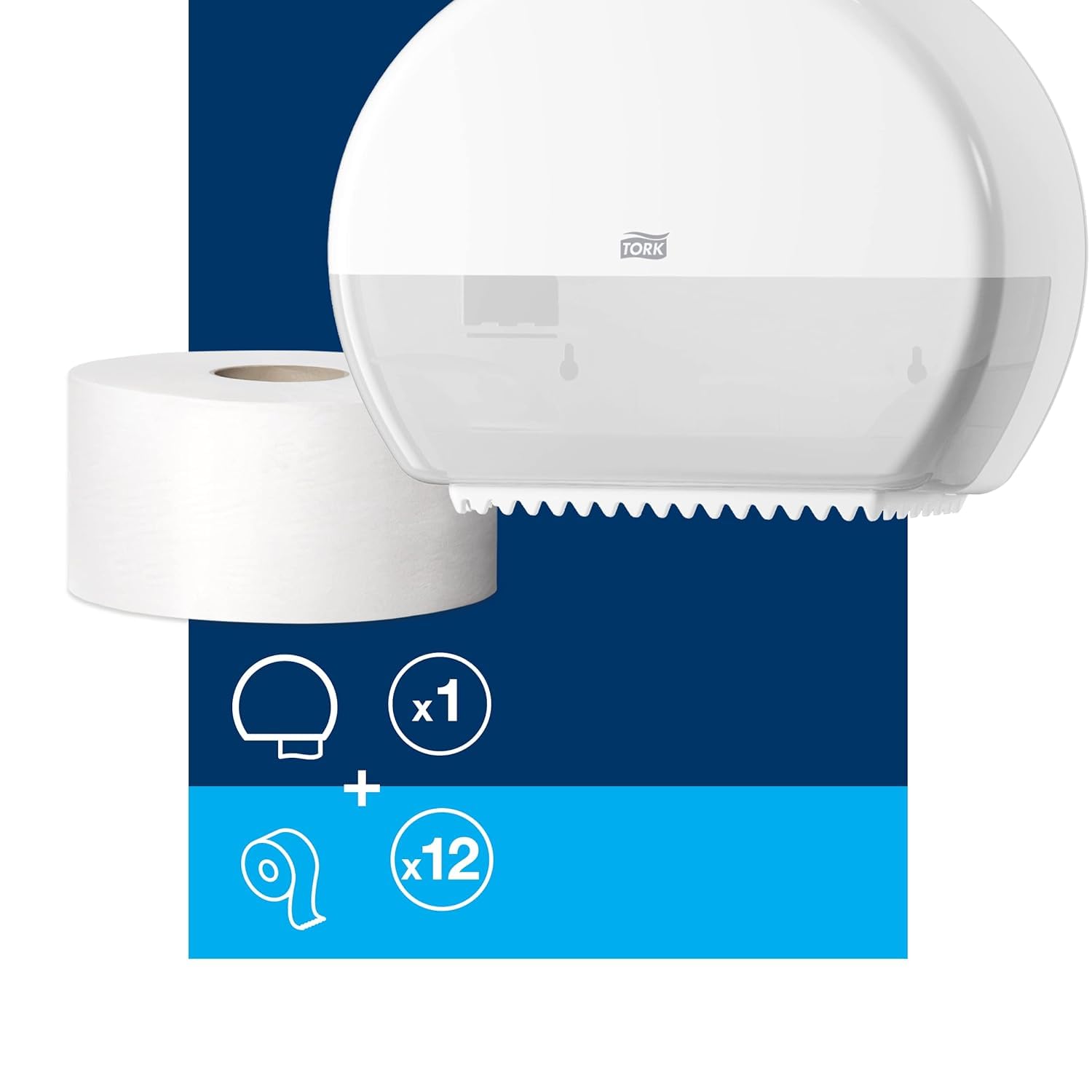 Tork Mini Jumbo Bath Tissue Roll Dispenser - White T2 with 12 x 1200 Sheet Refill | Advanced White Toilet Paper Holder for Home, Office & Commercial Use | Space-Saving Bathroom Solution