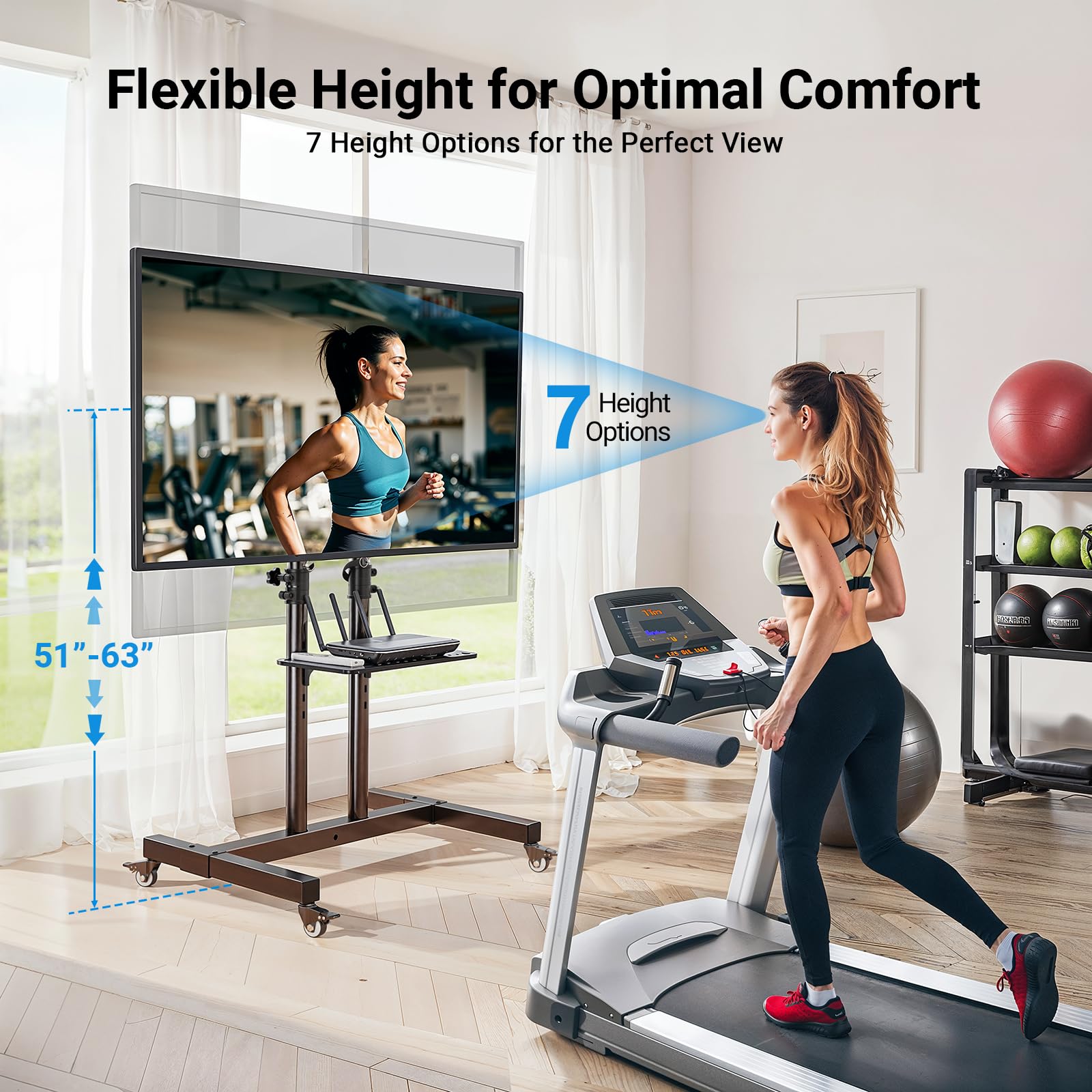 PERLESMITH Rolling TV Stand on Wheels for 32-83 Inch Screens up to 110lbs - Adjustable Height Mobile TV Cart with Shelf & Tilt Function, Max VESA 600x400mm - Perfect for Living Room, Bedroom, or Outdoor Entertainment (PSTVMC03)
