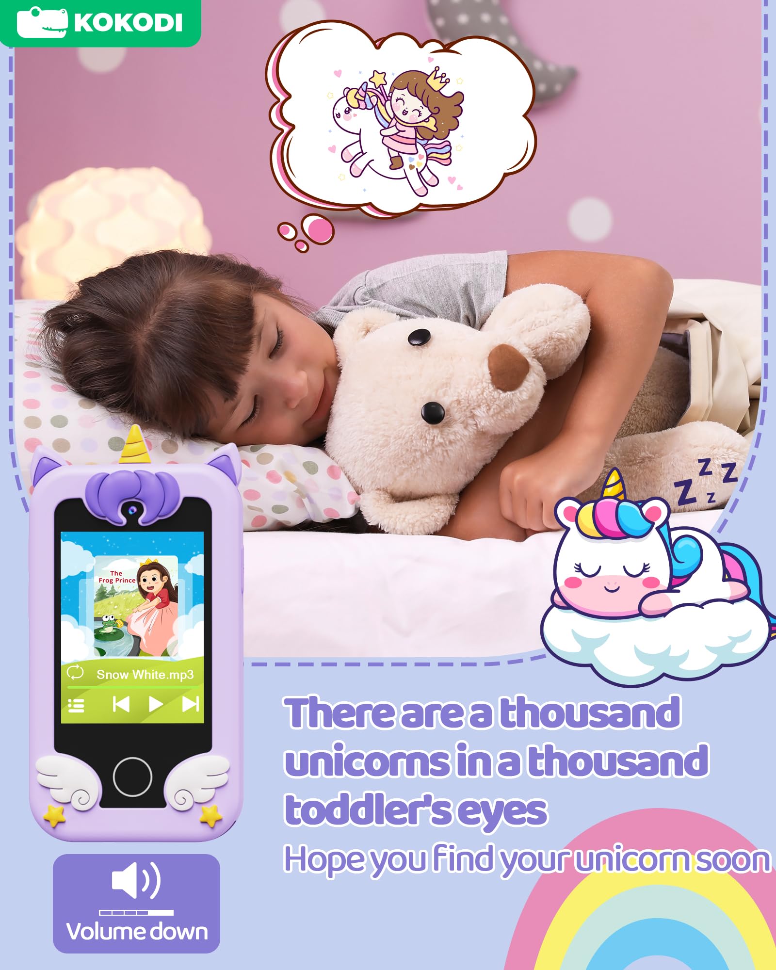 KOKODI Unicorn Smart Phone Toy for Girls Ages 3-10 - Touchscreen Kids Phone with HD Dual Camera, Learning & Travel Toy - Perfect Birthday Gift for Toddlers & Preschoolers (Purple) | Pretend Play, Early Education & Road Trip Entertainment