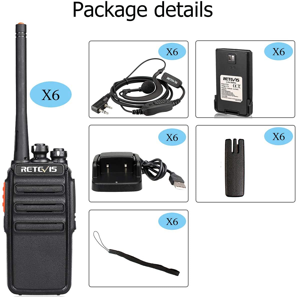 Retevis RT24 2-Way Radio Walkie Talkies - Long Range PMR446 with Loud Audio, 16 Channels & 10-Hour Battery Life - Rechargeable with USB Charging Base & 6 Earpieces (6 Pack) - Ideal for School, Retail Store, Construction & Outdoor Activities