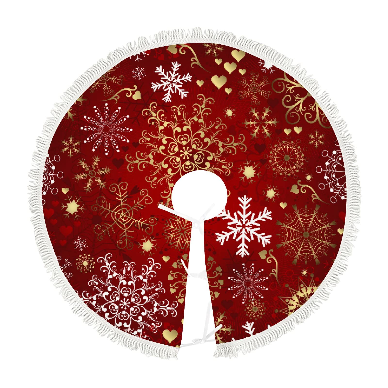 30 Inch Gold and Red Snowflake Christmas Tree Skirt - Rustic Holiday Decor for Indoor & Outdoor Use - Perfect for Christmas Party, Home Decoration, and Festive Gatherings
