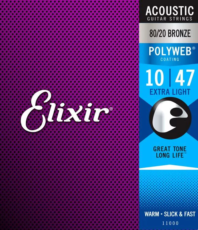 Elixir Strings Polyweb 80/20 Bronze Acoustic Guitar Strings 10-47 Extra Light - Perfect for Beginners & Fingerstyle Playing
