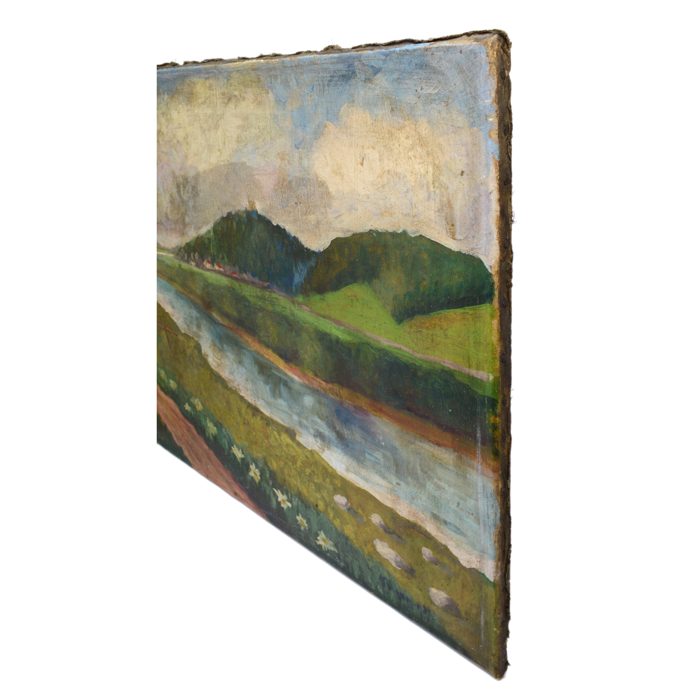 Antique Original Art Oil Painting - River Through Grasslands Landscape - Signed & Dated - Perfect for Home Decor, Office Wall Art & Gift Giving