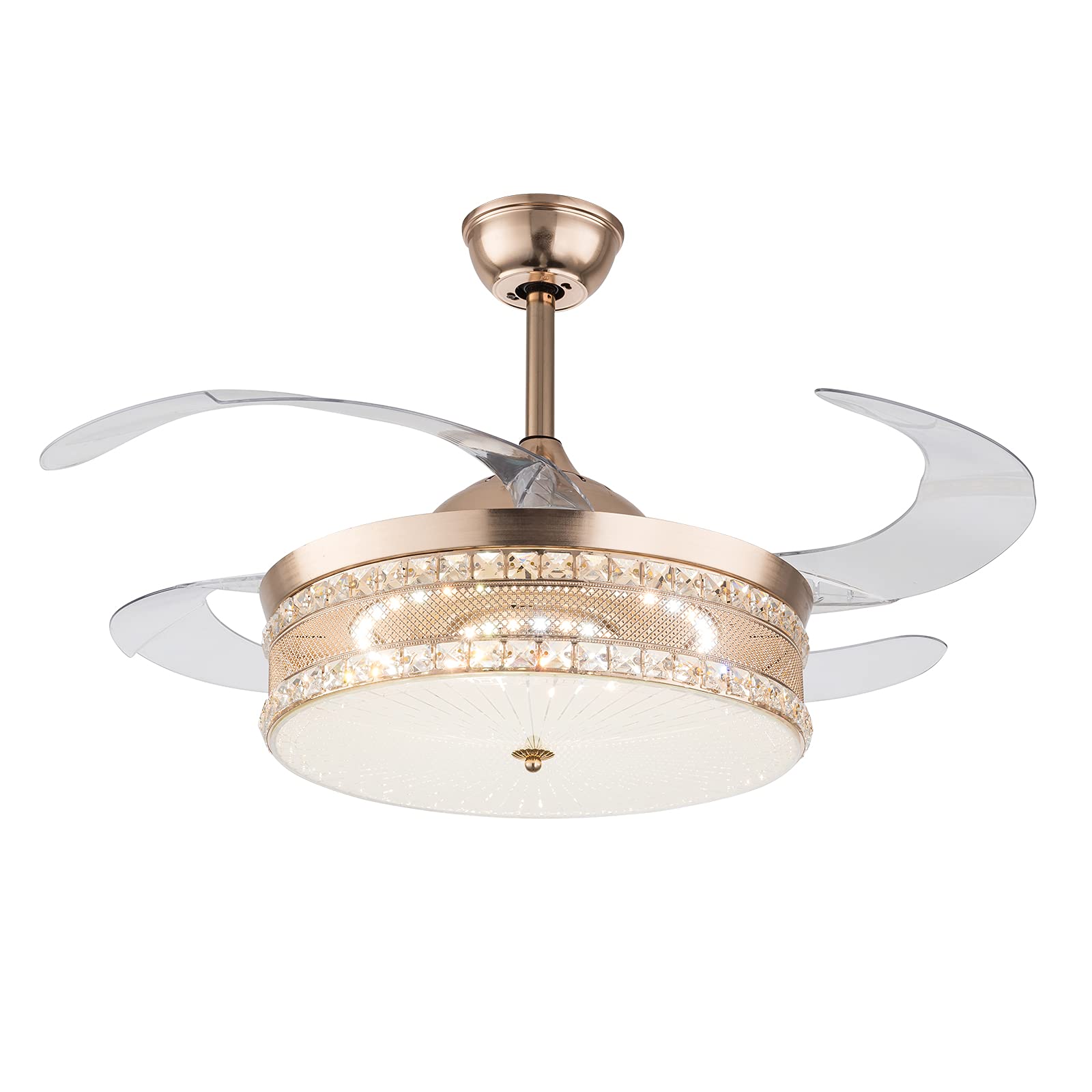 42 Inch Gold Ceiling Fan with Light & Remote Control - 3 Color Dimmable LED, Acrylic Lampshade, 4 Retractable Blades - Perfect for Bedroom, Living Room & Dining Room Lighting