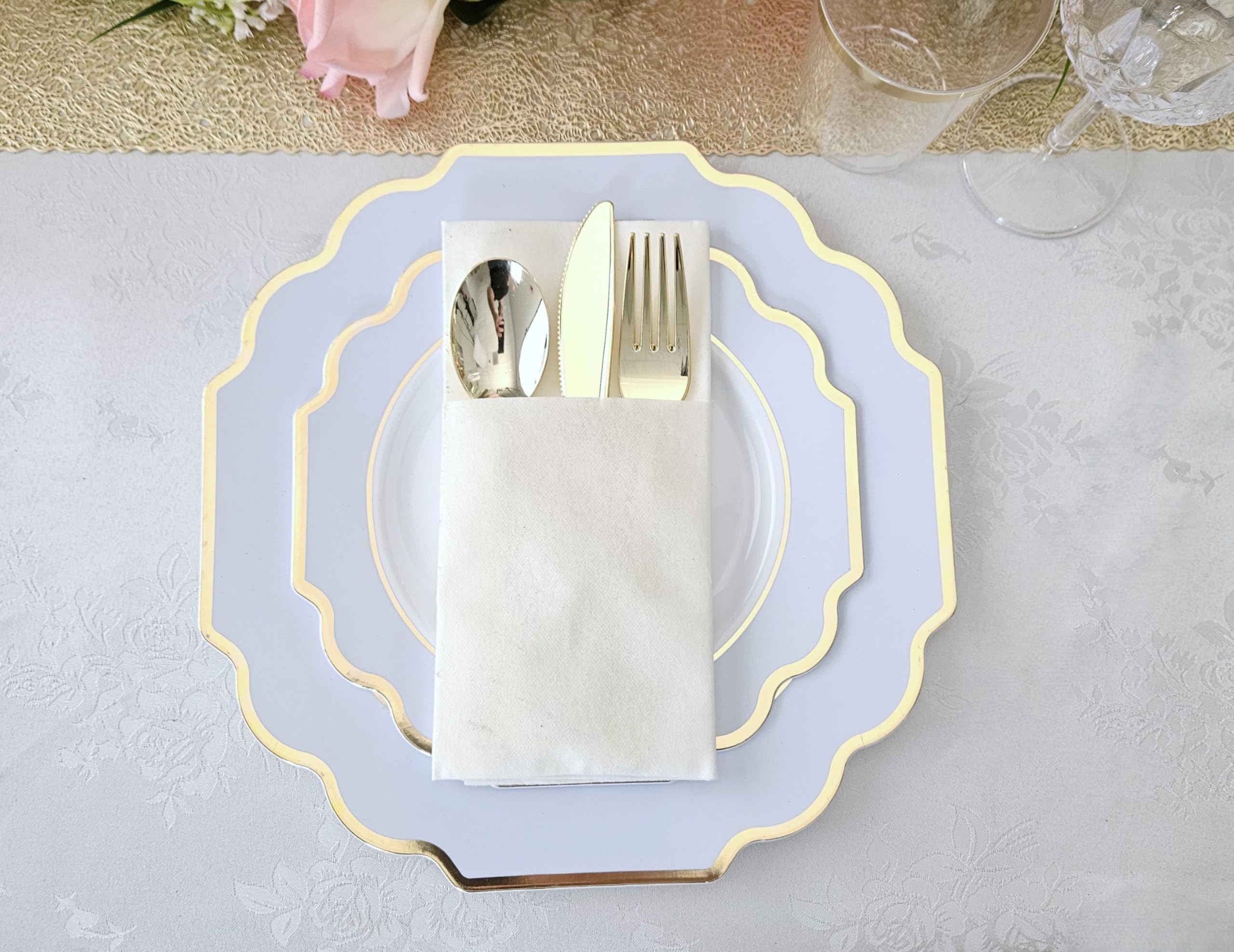 120-Pack Heavyweight Disposable Plastic Plates for Weddings & Parties - 10.5'' Dinner Plates in Elegant White, Blue & Gold - Perfect for Wedding Receptions, Birthday Parties & Special Events
