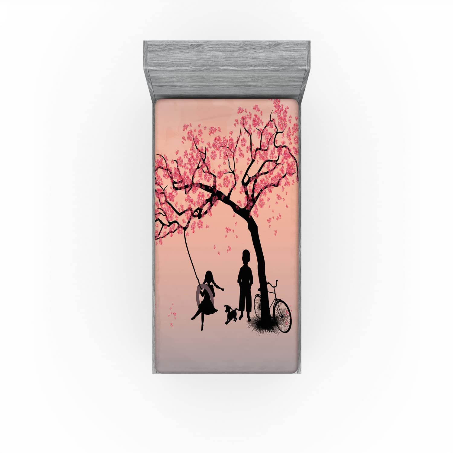 Ambesonne Tree of Life Fitted Sheet - Twin XL, Pink Black - Cherry Blossom Dog Art for Cozy Bedroom Decor