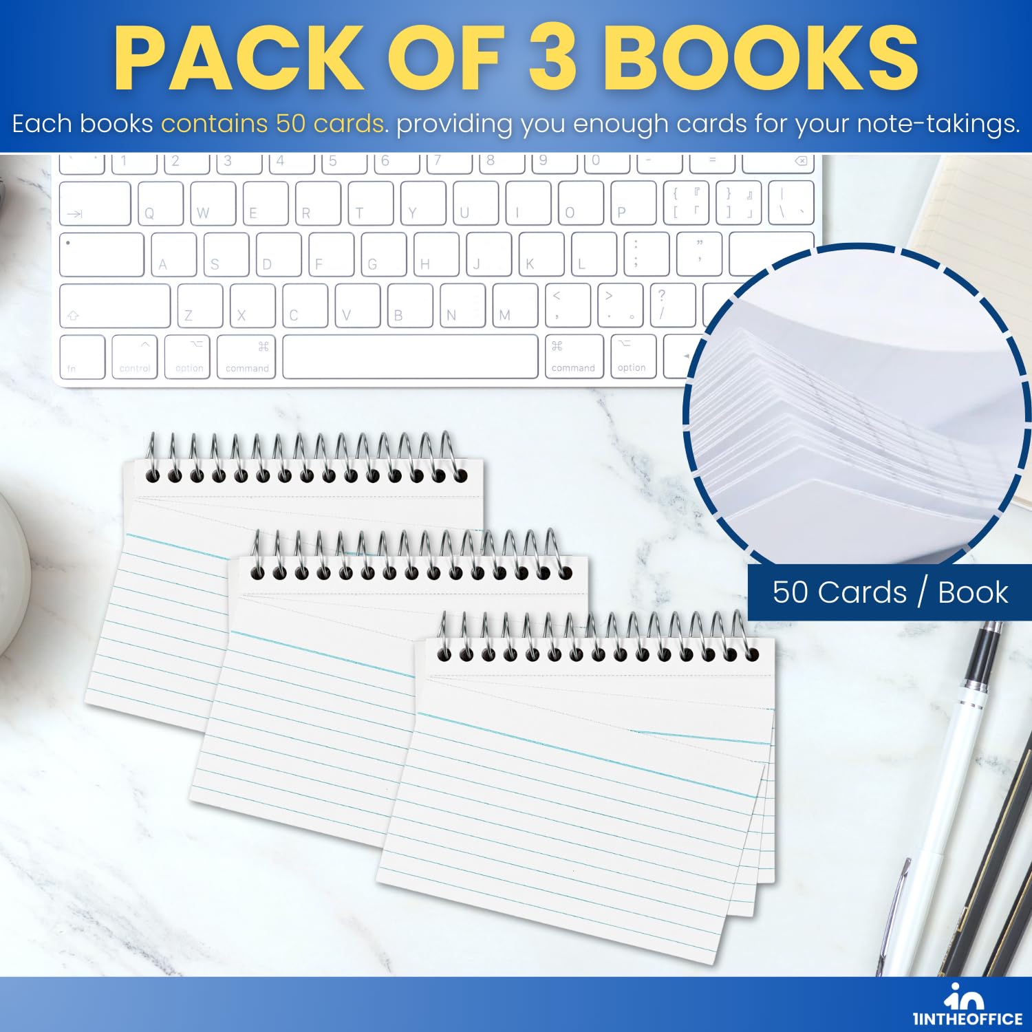 1InTheOffice Spiral Index Cards 3x5 Inches, Ruled Lined Notebook Paper, 50 White Cards per Spiral (3 Pack) - Perfect for Study Notes, Flashcards, Office Organization & Classroom Learning