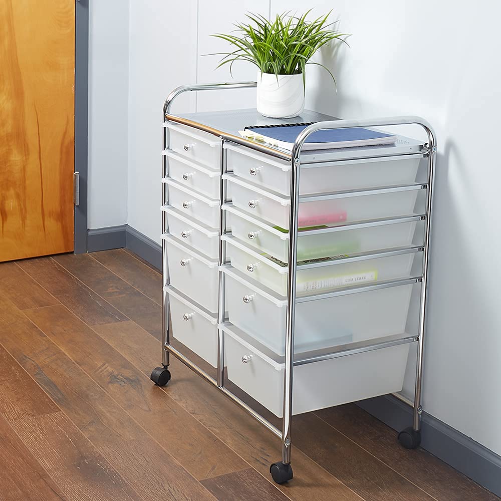 Home Basics 12-Drawer Storage Cart - White Rolling Organizer with Multi-Size Drawers & Castor Wheels | Perfect for Office Supplies, Craft Organization, Bedroom & Bathroom Storage | Portable Mobile Storage Solution