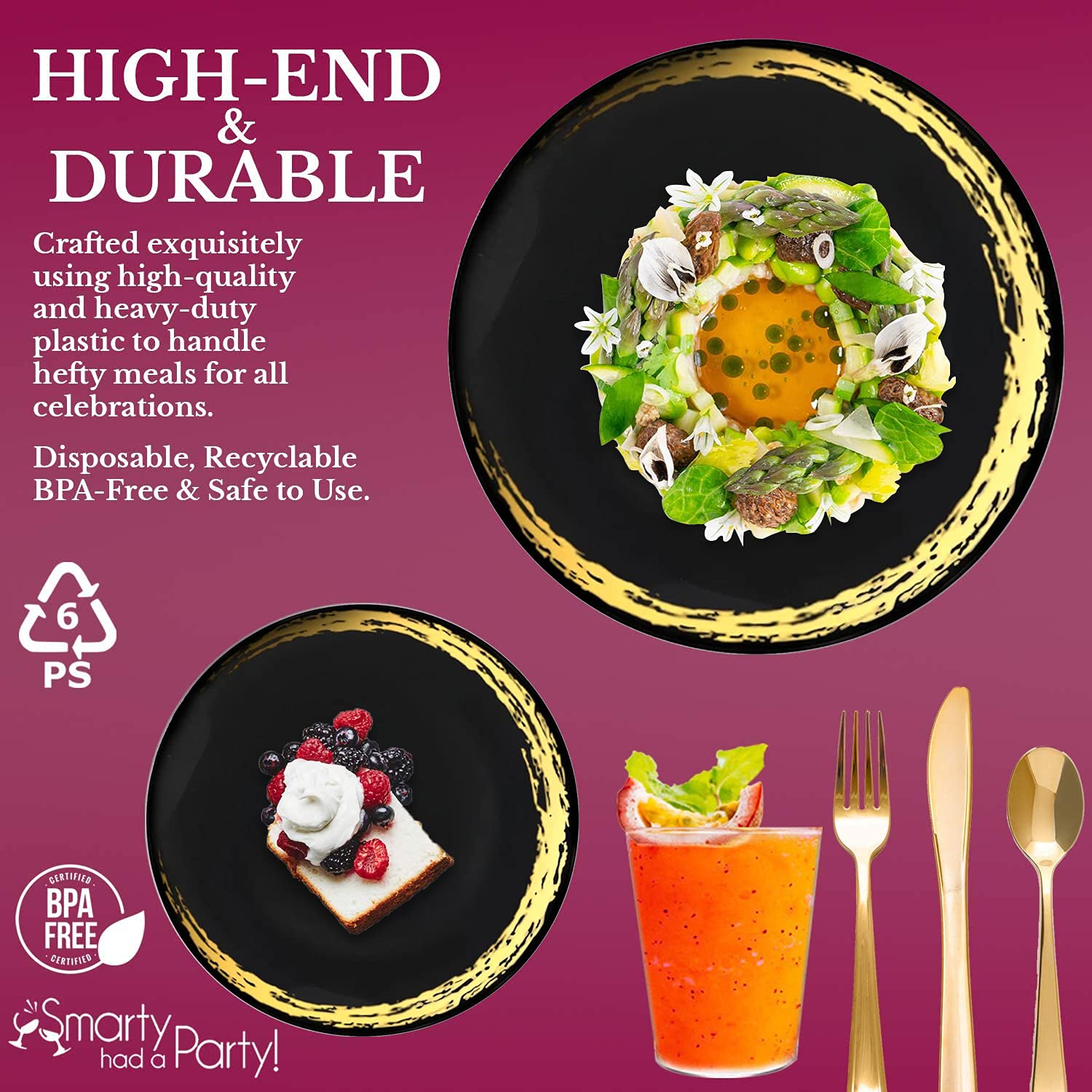 Smarty Had A Party Disposable Plastic Plates - Elegant Moonlight Design Dinnerware Set for 60 Guests | Premium Black & Gold Plates for Weddings, Birthdays, Baby Showers & Special Events | Perfect for Indoor/Outdoor Celebrations & Catering Services