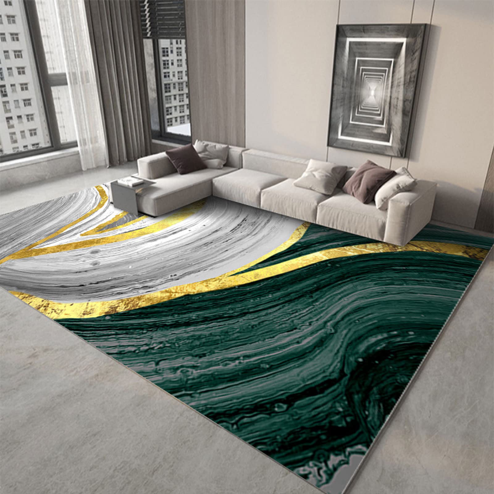 Washable Non-Slip Short Pile Area Rug - Abstract Grey Green Gold Ocean Water Pattern - Eco-Friendly Large Floor Mat 5.2 x 9.1 ft - Perfect for Living Room, Bedroom, or Office Decor