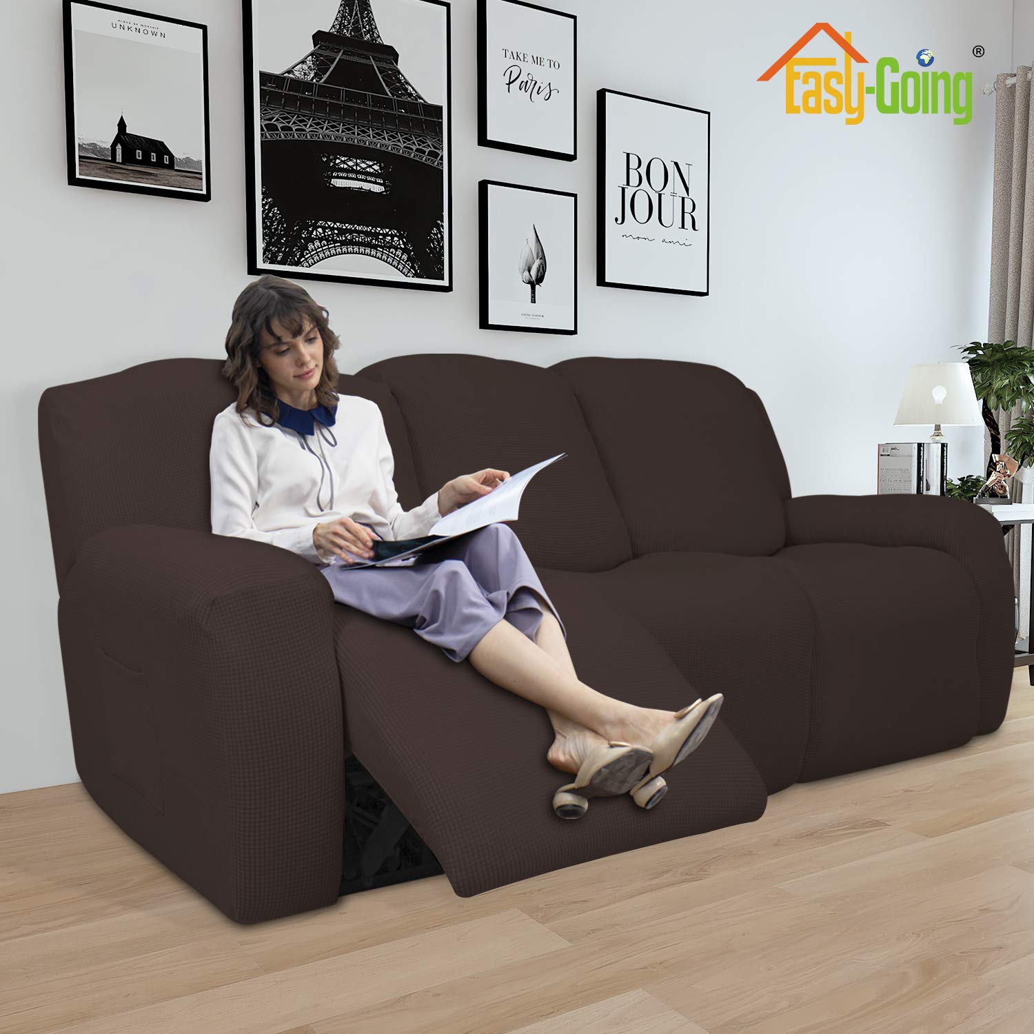 8-Piece Recliner Sofa Slipcover Set - Stretchable Jacquard Fabric with Elastic Bottom - Chocolate Checkered Design - Furniture Protector for Couches, Chairs & Recliners - Perfect for Homes with Kids, Pets or High-Traffic Areas
