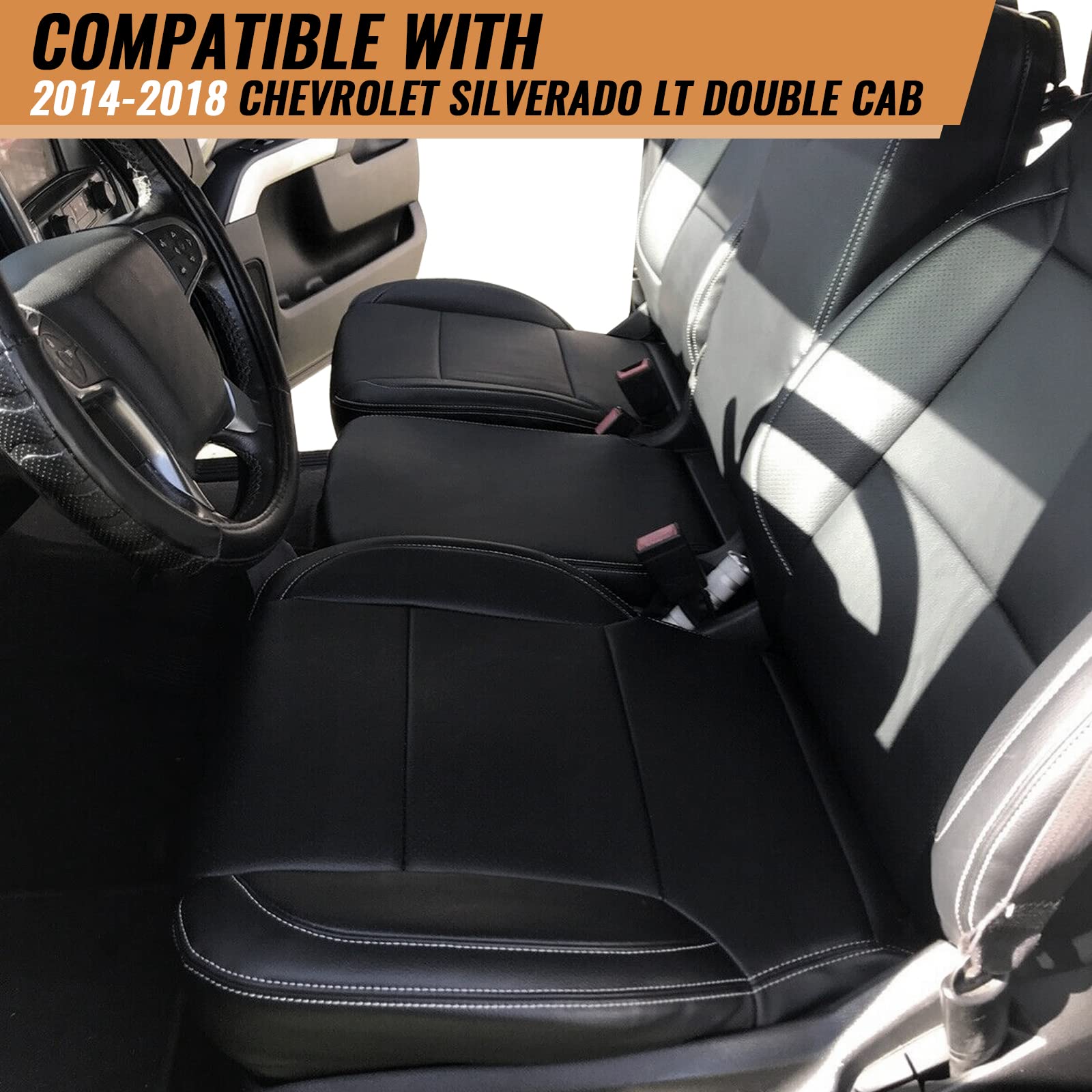 HECASA Full Set Artificial Leather Seat Covers for 2014-2018 Chevrolet Silverado LT Double Cab - Front & Back Seat Protectors | Durable, Custom Fit Car Accessories for Enhanced Comfort & Style