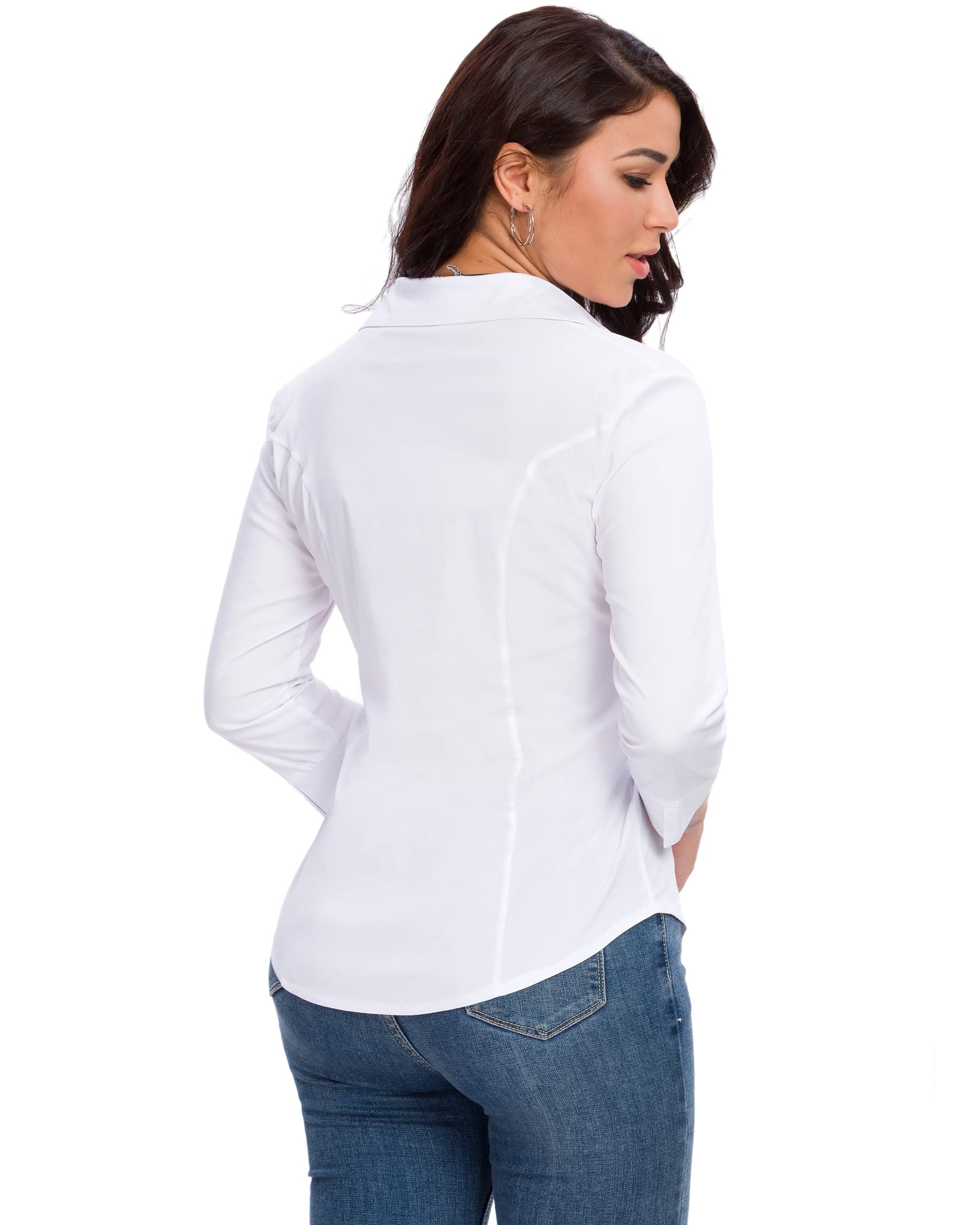 Women's 3/4 Sleeve White Stretch Button Down Blouse - Formal Office Shirt & Summer Dress Top for Work, Business, and Casual Outings