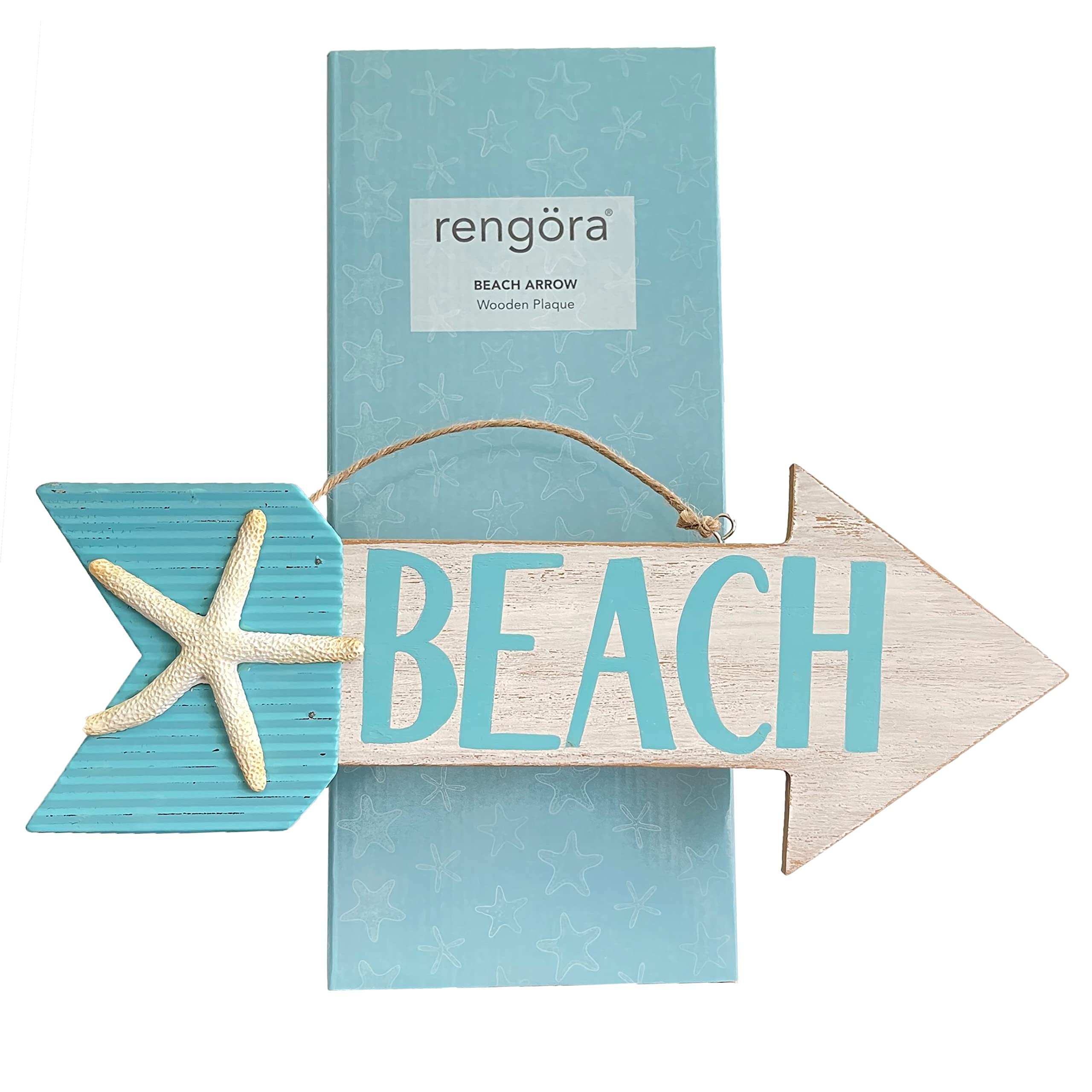 Wooden Arrow Beach Signs Wall Decor with 3D Starfish - Coastal Nautical Wall Art for Living Room, Bedroom, Bathroom - 14.25