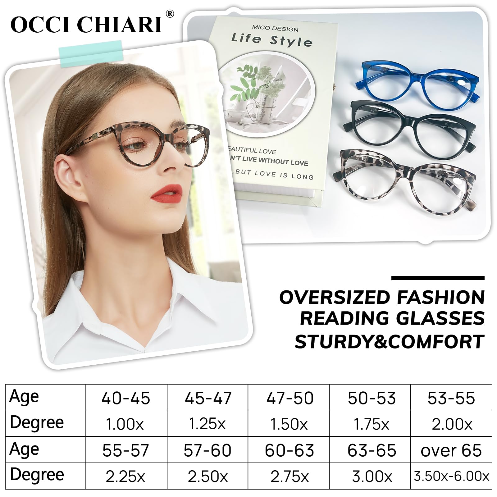 OCCI CHIARI Oversized Reading Glasses for Women - Fashionable Large Frame Readers with Lightweight Design - Perfect for Reading, Working, and Computer Use