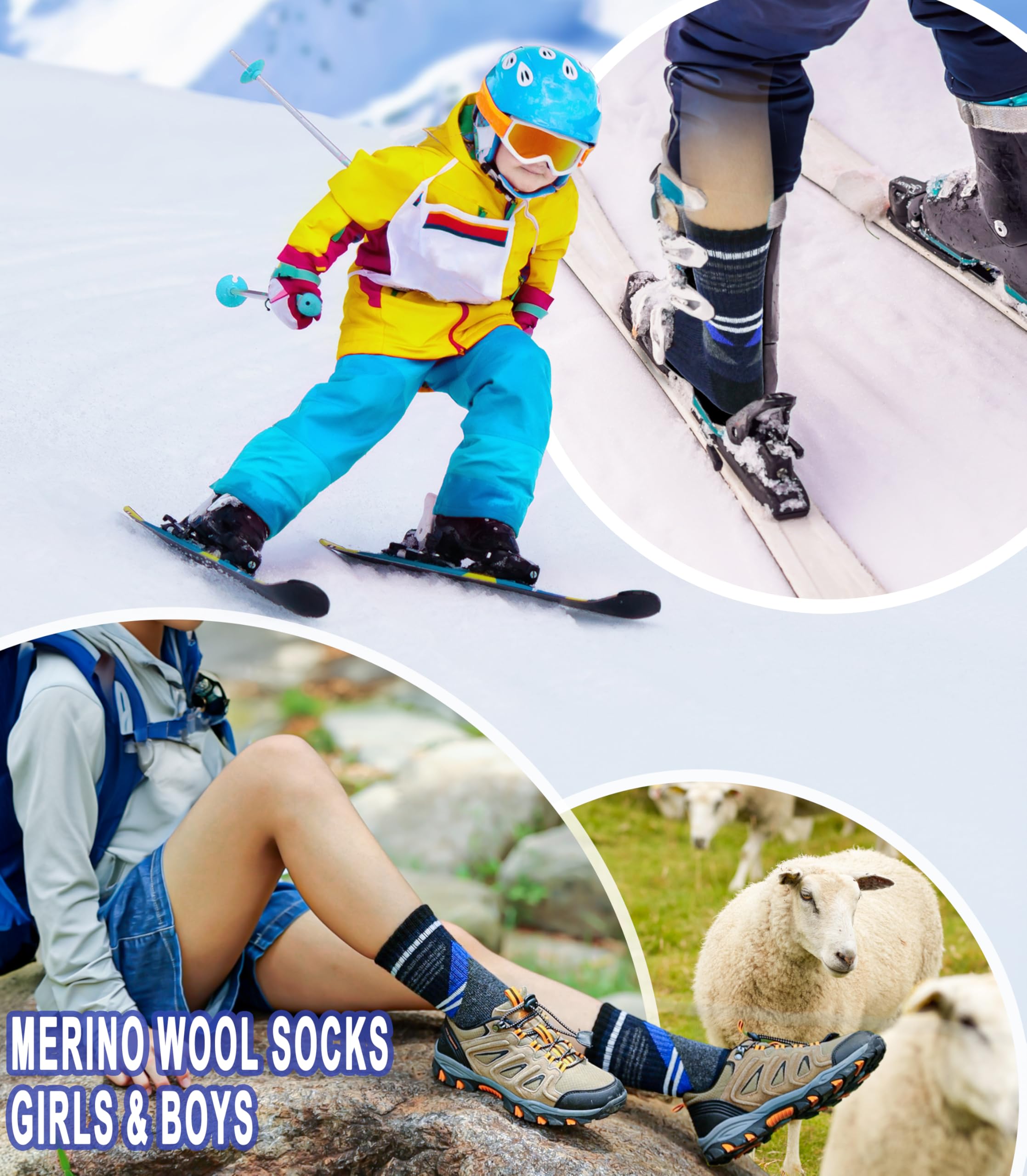 Yebing Kids Merino Wool Hiking Socks - Warm Thermal Winter Boot Socks for Boys & Girls (6 Pairs) - Perfect for Outdoor Adventures, Skiing & Cold Weather Activities