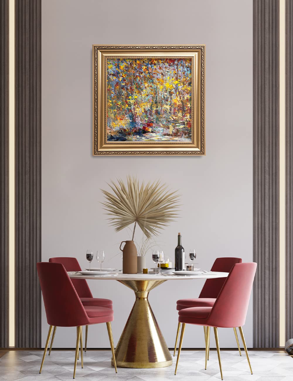 DECORARTS - David Ma's Gathering Birds Abstract Landscape Wall Art | Giclee Print in Classic Golden Frame (26x26 Inches) | Ready to Hang | Perfect for Living Room, Bedroom & Office Decor