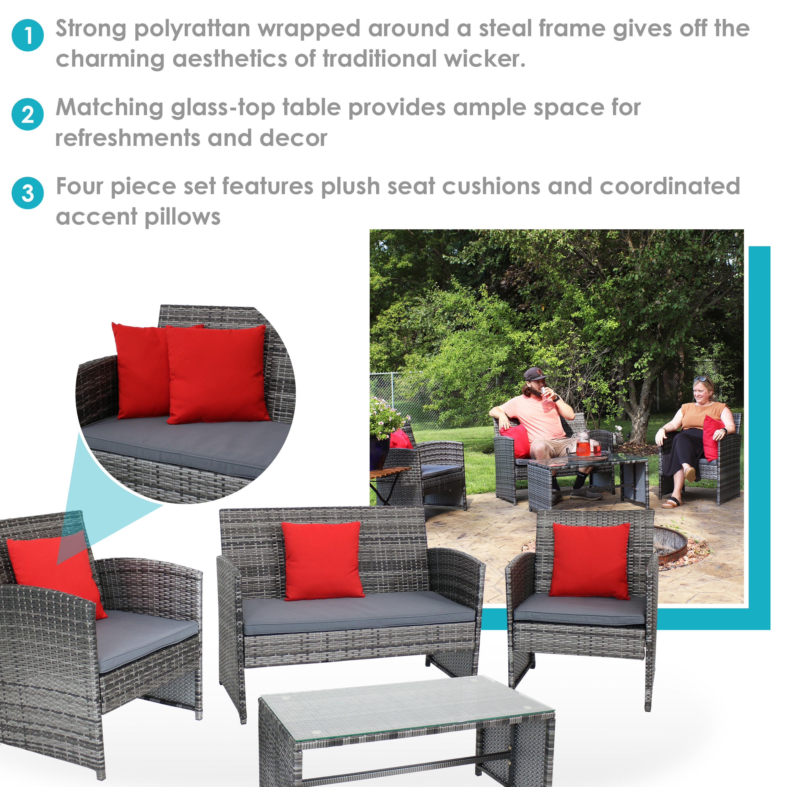 Sunnydaze Ardfield 4-Piece Outdoor Patio Conversation Set with Weather-Resistant Cushions - Perfect for Backyard, Garden, Poolside & Deck Relaxation