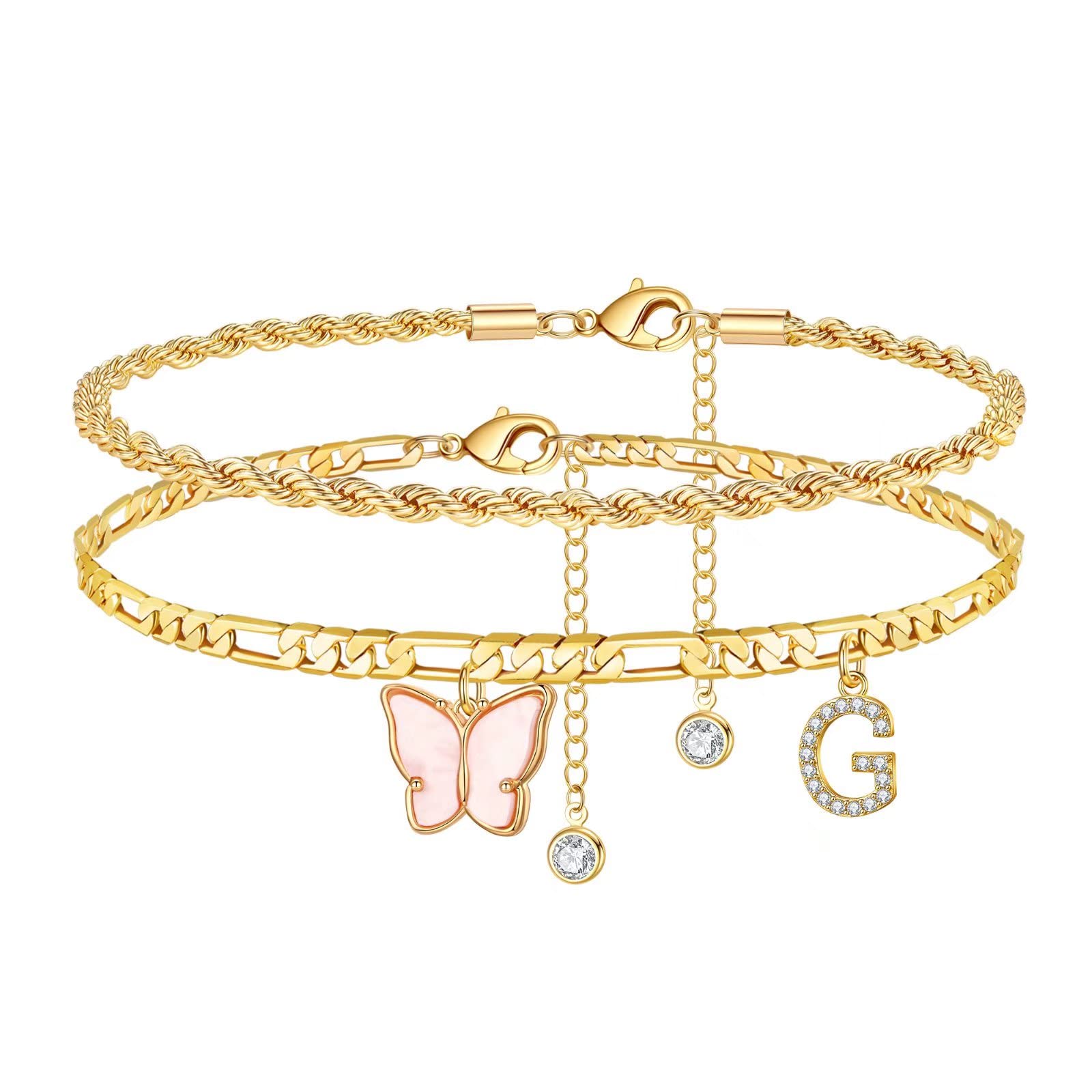 Butterfly Anklet for Women - 14K Gold Plated Layered Ankle Bracelet with Initial Letter A-Z, Dainty Foot Jewelry Gift for Teen Girls - Perfect for Beach, Summer, and Everyday Wear