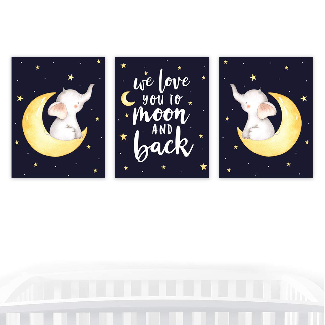 Andaz Press Nursery Kids Room Art - 3-Pack Unframed Wall Art Posters (8.5x11 Inch) - We Love You to The Moon and Back Elephant Graphic - Baby Room Decor, Nursery Wall Decor, Kids Bedroom Decor - Perfect for Baby Showers, Birthday Gifts & Nursery Theming