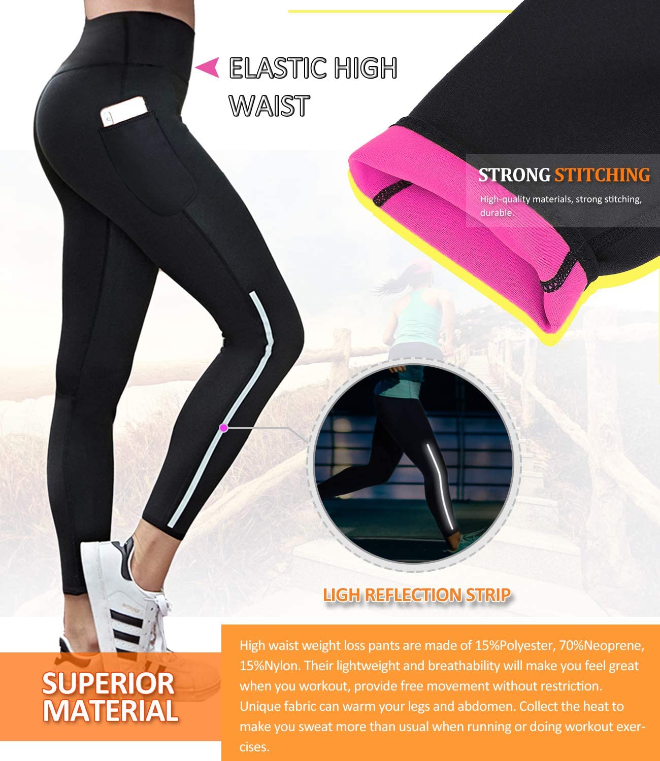 High Waist Yoga Pants for Women - Tummy Control Leggings with Pockets, Butt Lifting Workout Leggings & Sweat-Wicking Sauna Shorts - Black Gym Activewear Set for Running, Yoga & Fitness Training