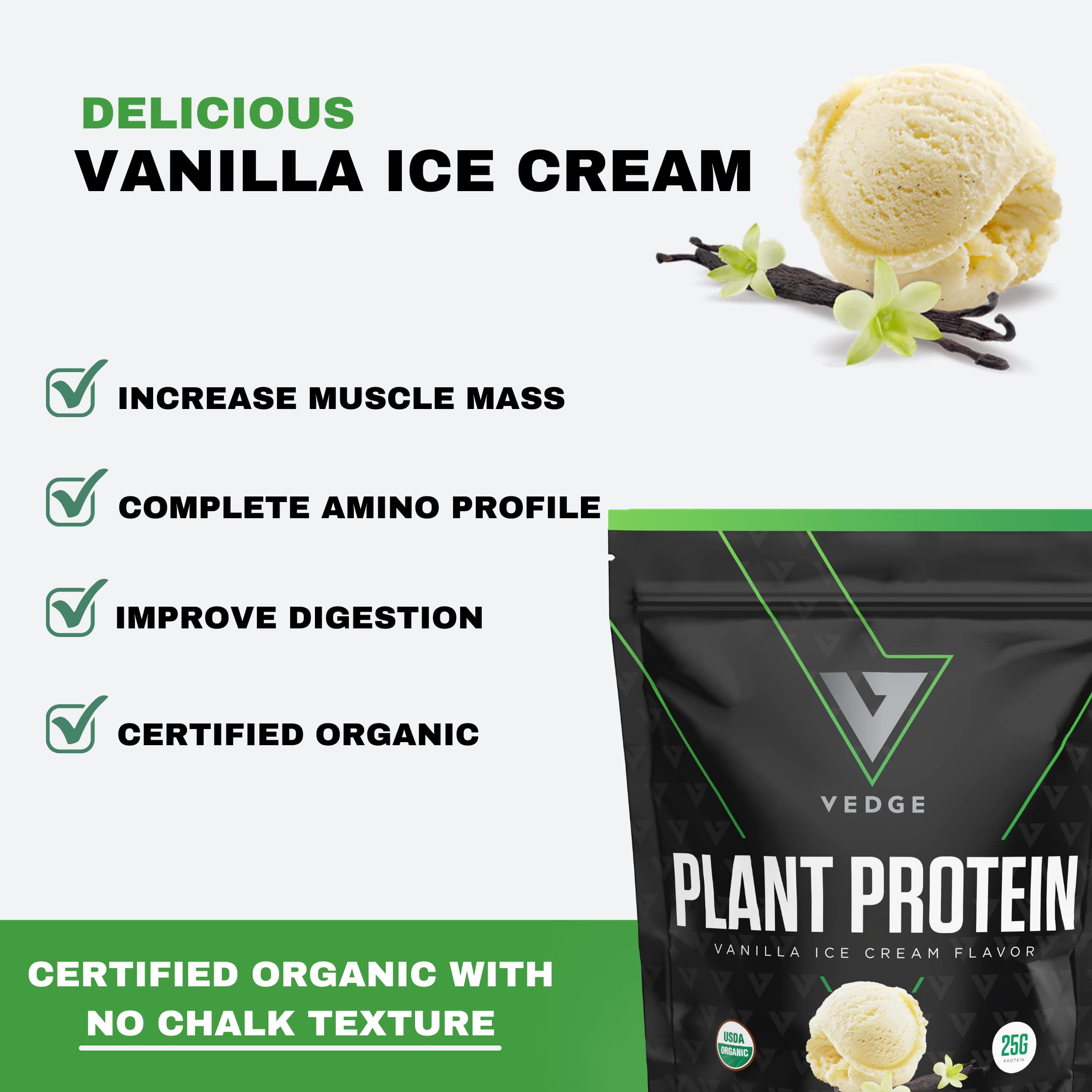 Organic Plant Protein Powder - Vanilla Ice Cream Flavor (20 Servings) | USDA Certified, Vegan, Gluten-Free, Dairy-Free Protein Supplement for Smoothies, Baking & Post-Workout Recovery