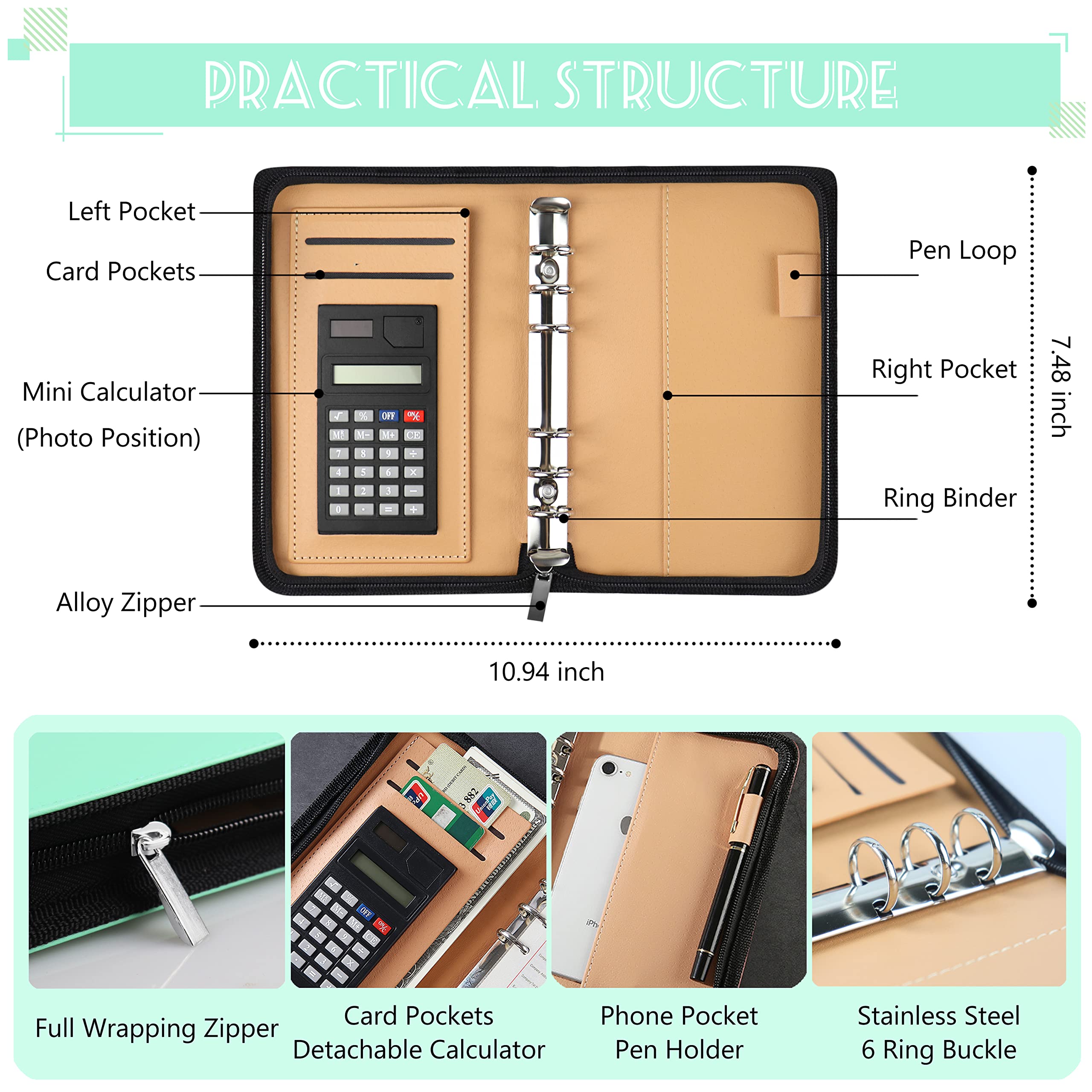 2025 A6 PU Leather Budget Binder with Zipper Envelopes & Calculator | Cash Envelopes System for Budgeting, Bill Organizer & Money Saving | Perfect for Dave Ramsey Envelope Method, Personal Finance Planning & Travel Expense Tracking