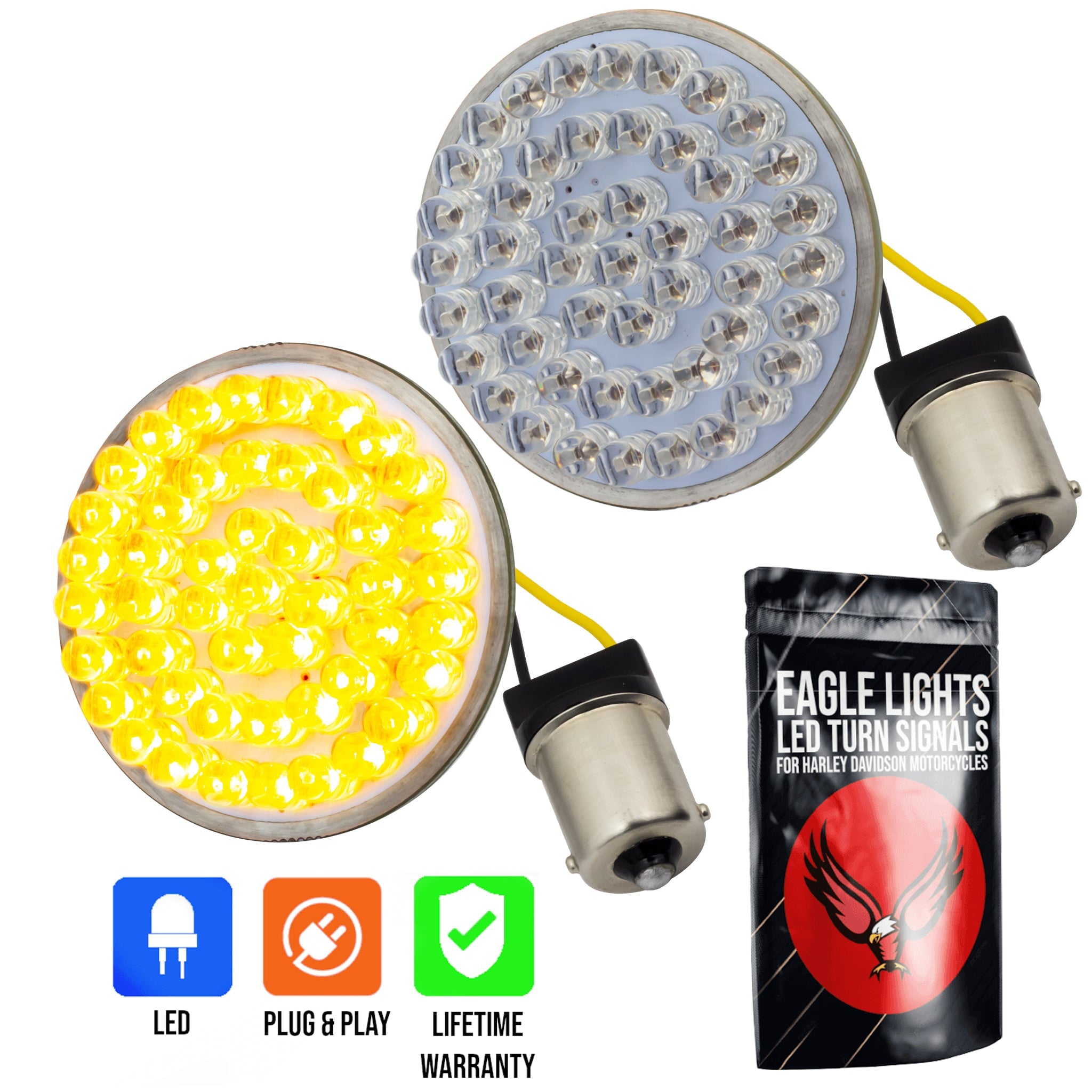 Eagle Lights 2 Rear LED Turn Signals for Harley Davidson Motorcycles - Generation I / 1156 Base / Amber - High Visibility Brake Lights for Night Riding & Safety