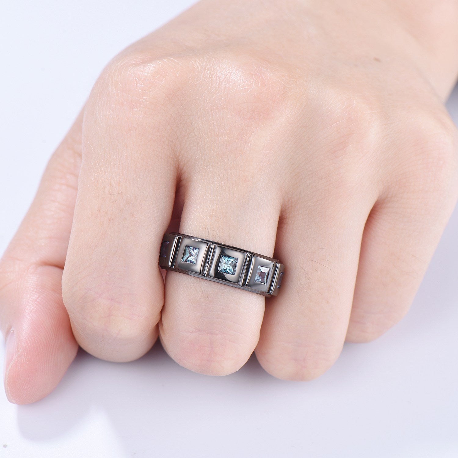 Black Gold Brushed Finish Men's Wedding Band - Unisex Princess Cut Alexandrite Ring for Anniversary, Stacking & Matching - Perfect Gift for Couples | Ideal for Weddings, Engagements & Romantic Occasions