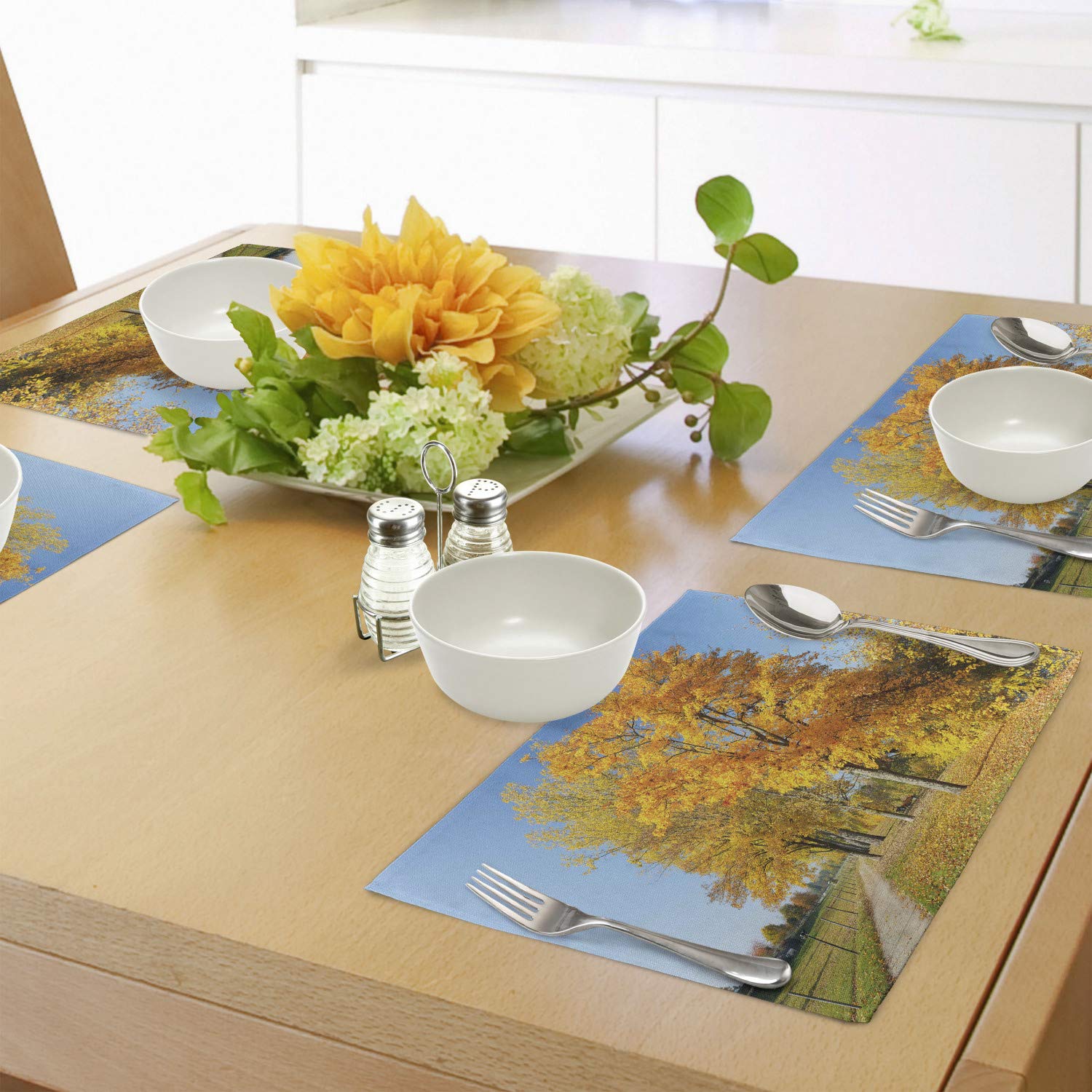 Ambesonne Fall Placemats Set of 4 - Maple Trees Countryside Landscape Washable Fabric Dining Table Mats for Kitchen & Dining Room Decor in Pale Blue Yellow Green - Perfect for Autumn Dinner Parties & Holiday Gatherings