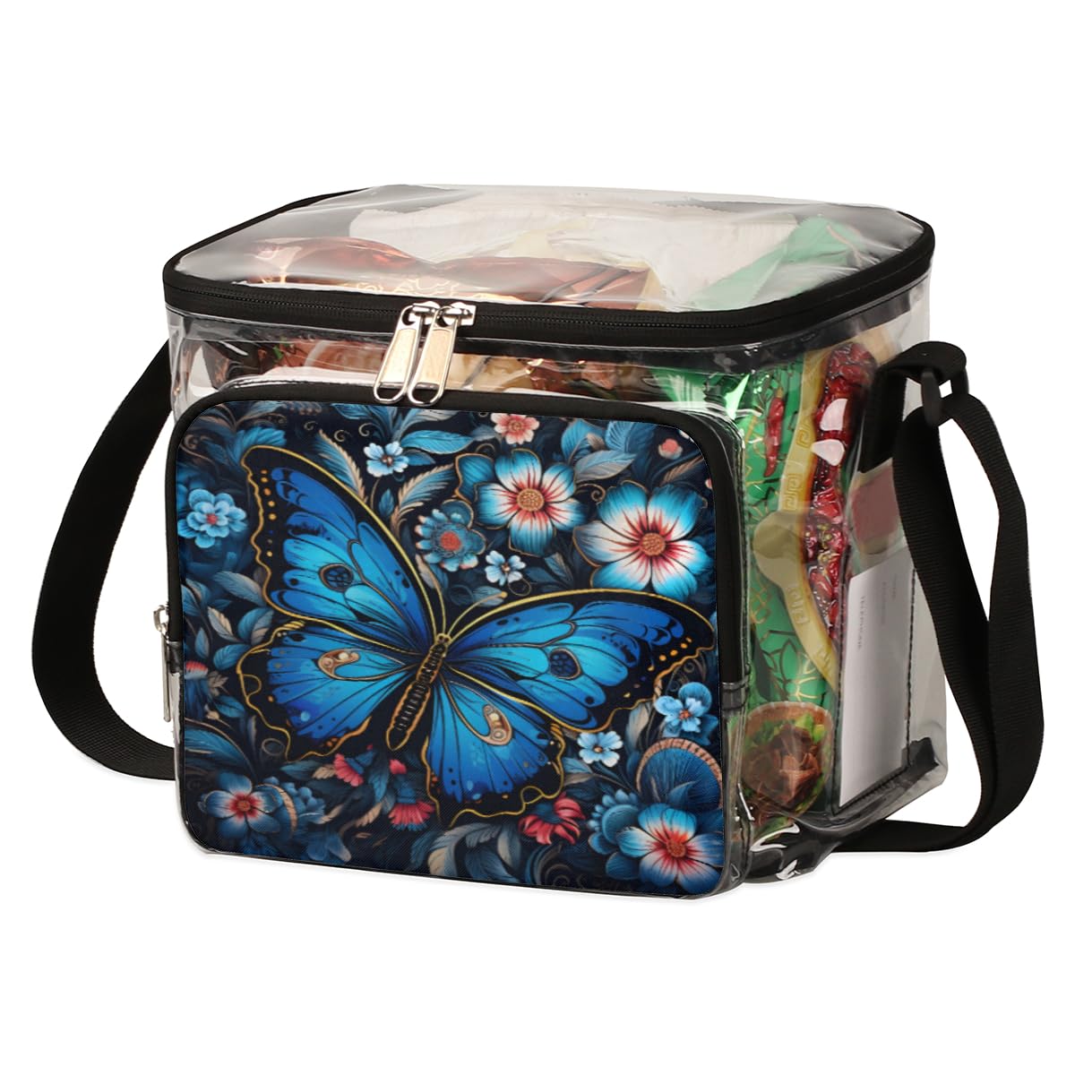 Butterfly Print Clear Tote Bag with Handles - Transparent Crossbody Shoulder Bag for Lunch, Outdoor, Travel, Picnic, Concerts & Sports Events - Stadium Approved Multipurpose Carryall (Perfect for Beach, Shopping, Music Festivals & Theme Parks)