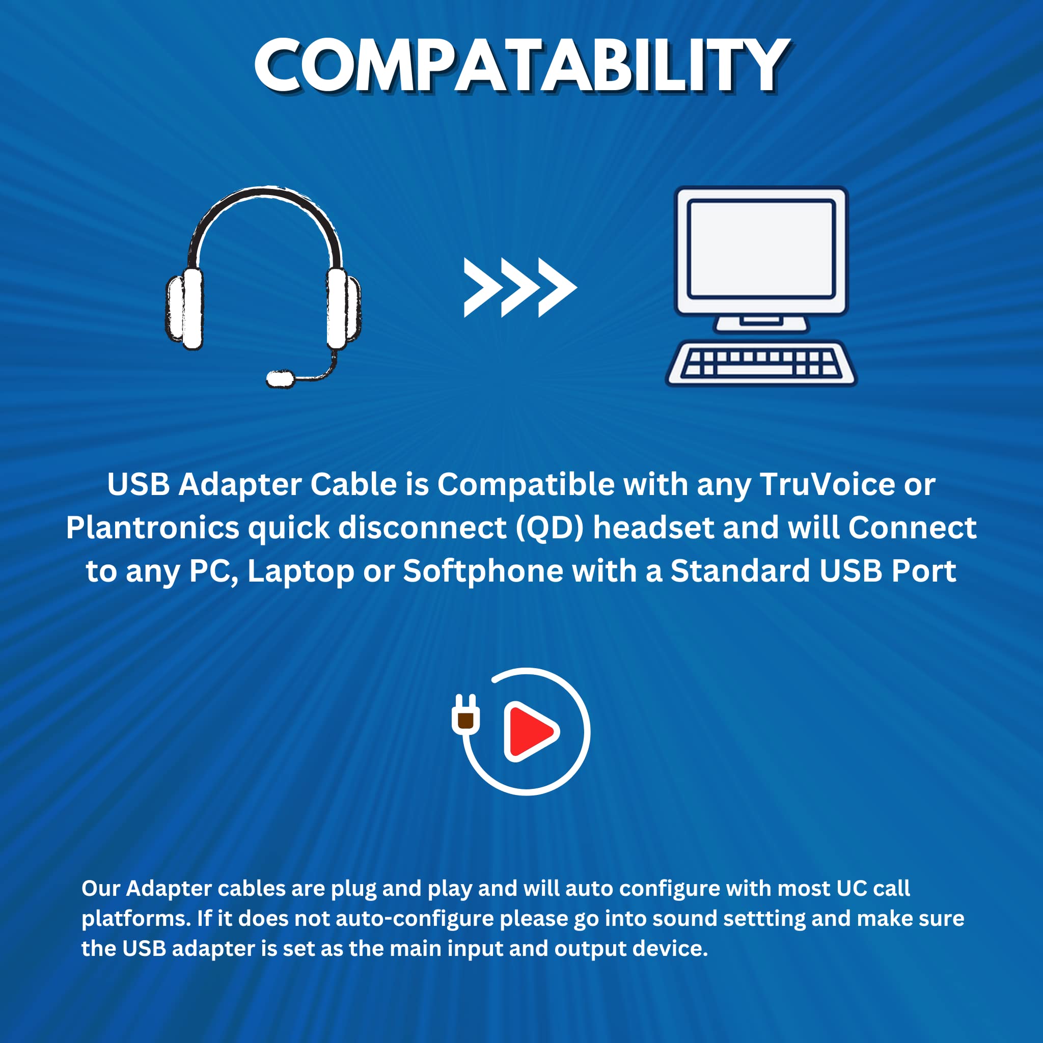 Plantronics & TruVoice USB Adapter with Volume Control & Mute - Compatible with Wired Headsets (QD Connector) for PC, Laptop & Softphones - Perfect for Remote Work, Call Centers & Online Meetings
