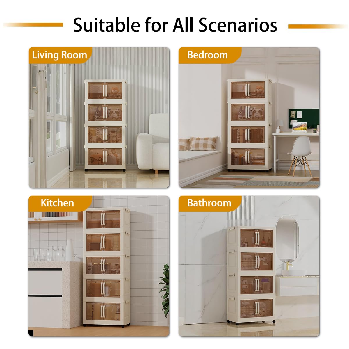 Karramlili 160 Qt Stackable Storage Bins - 5-Tier Plastic Storage Cabinet with Magnetic Doors & Wheels (17.7