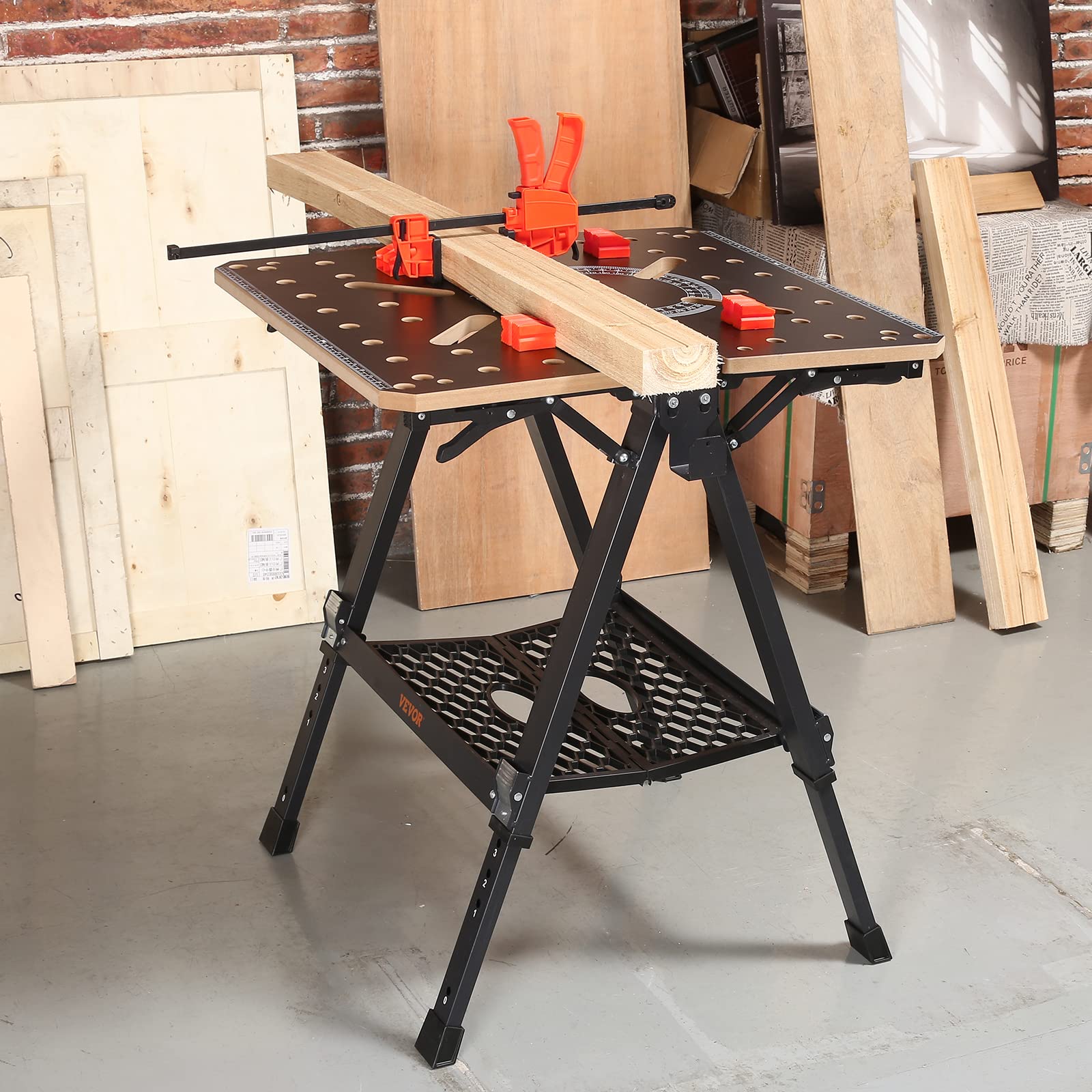 VEVOR Folding Work Table - Heavy Duty 1000 lbs Capacity Adjustable Workbench & Sawhorse, 7 Height Settings with Steel Legs, Portable Foldable Tool Stand Includes Wood Clamp, 4 Bench Dogs & 2 Hooks - Perfect for Woodworking, DIY Projects, Garage Storage and Job Site Use