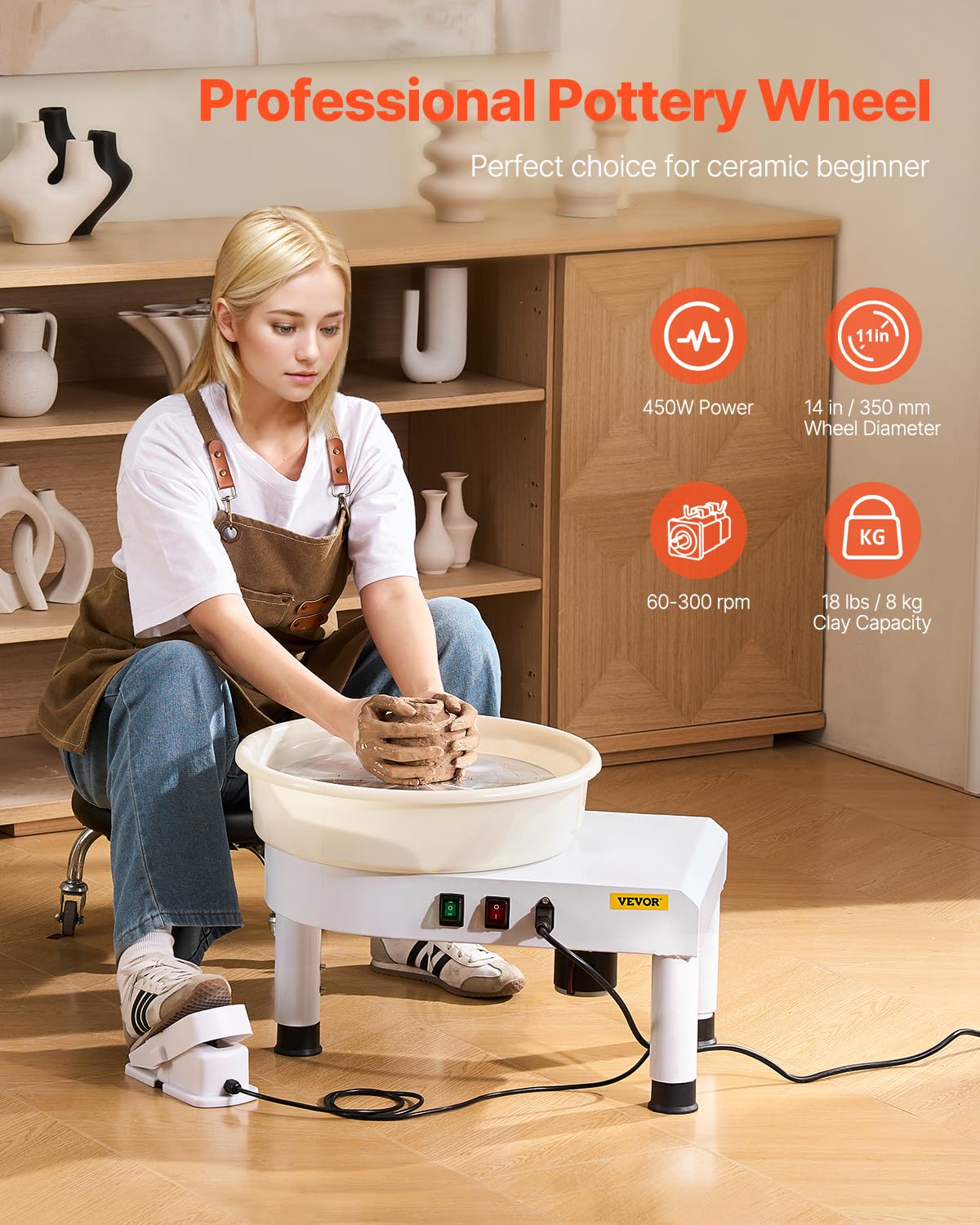 VEVOR 14 Inch 35cm Pottery Wheel for Adults & Beginners - 450W Professional Ceramic Clay Art Kit with Adjustable Lift Table, Foot Pedal & Detachable Basin - Perfect for Home Studio, DIY Crafts & Classroom Use - White