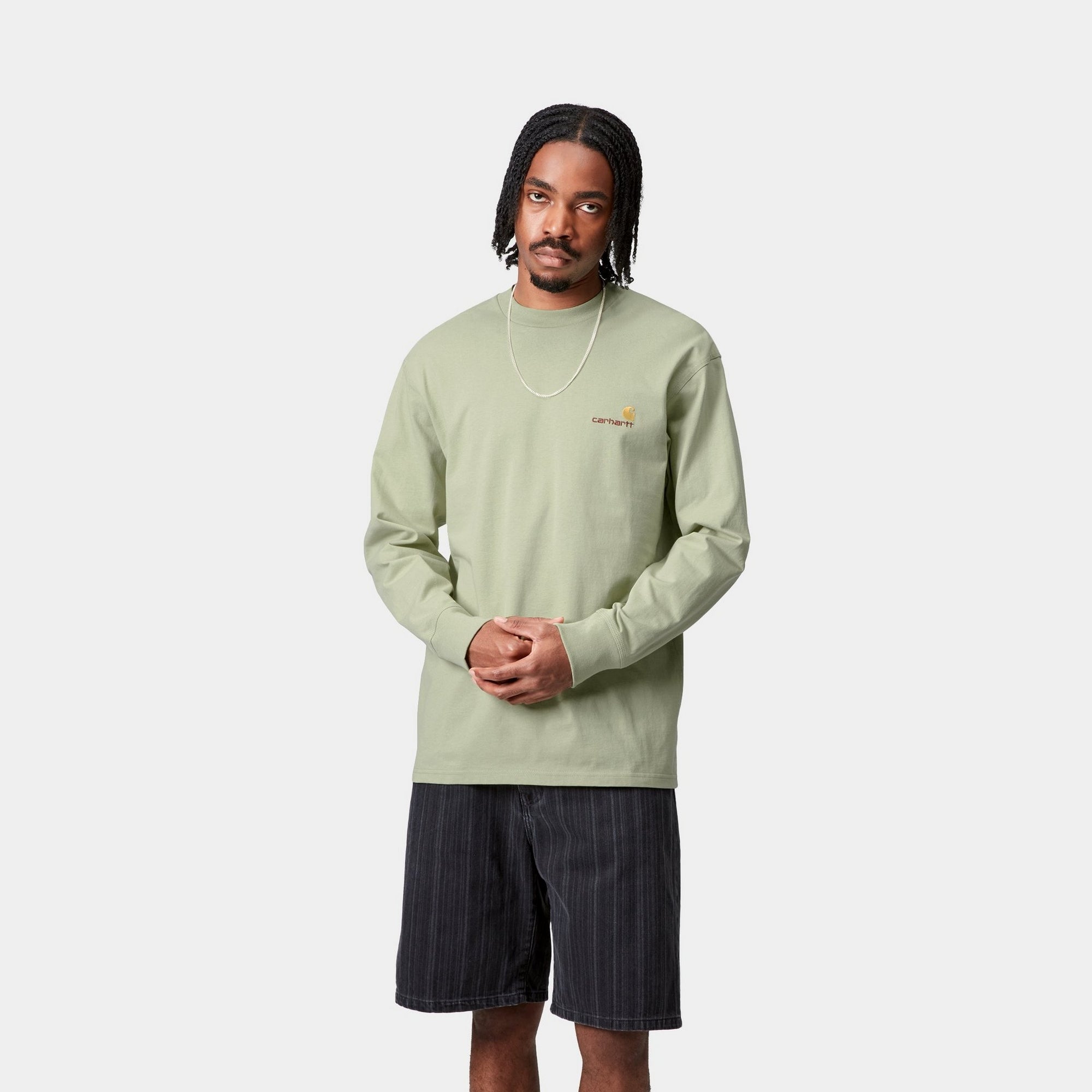 Vintage American Script Long Sleeve T-Shirt for Men & Women | Soft Cotton Crewneck Tee in Pale Olive Green | Casual Wear, Street Style, Everyday Outfit