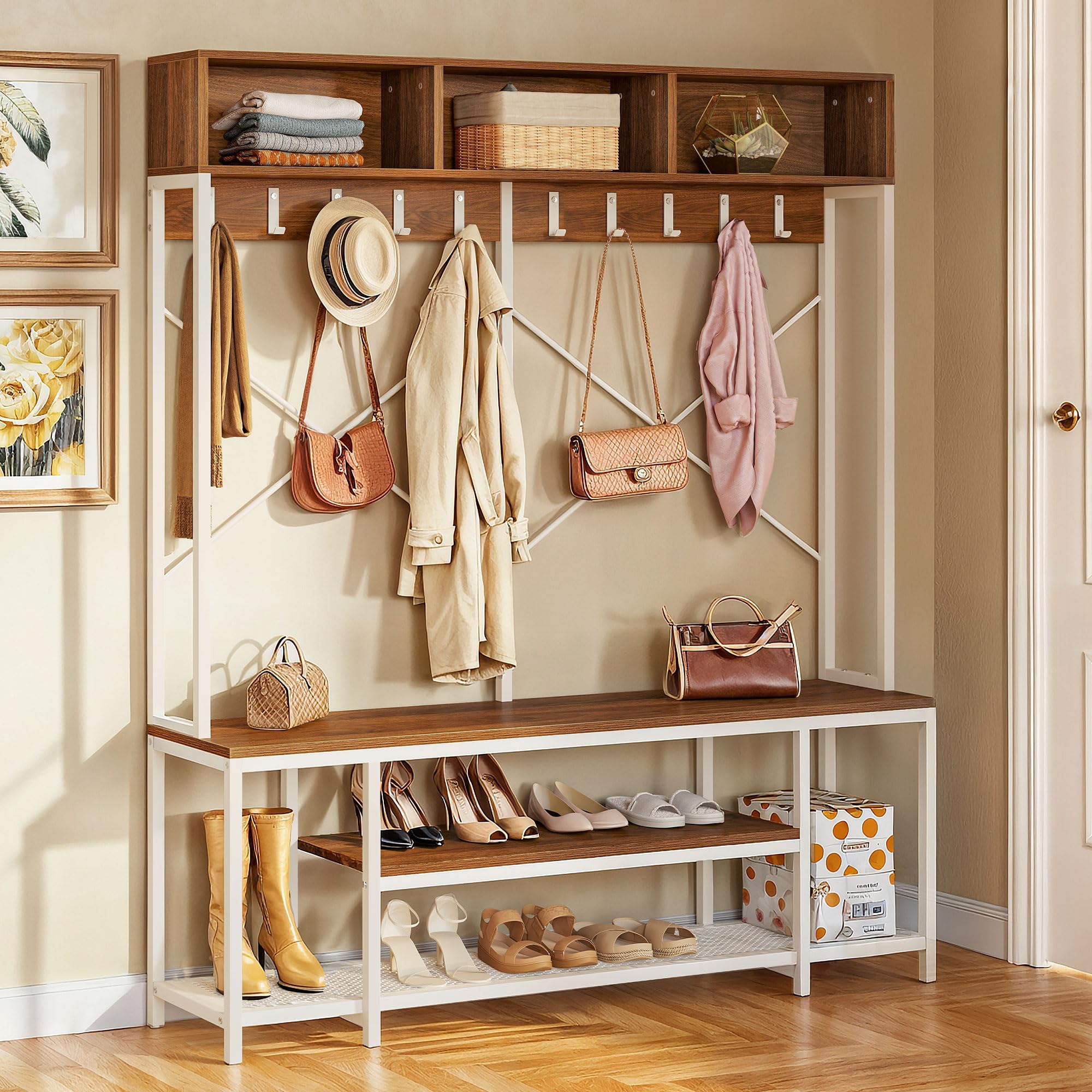 YITAHOME 5-in-1 Industrial Entryway Bench with Coat Rack & Shoe Storage - Freestanding Hall Tree with 10 Hooks & Shelves for Hallway, Bedroom, Living Room - Walnut/White Finish - Perfect for Small Spaces & Home Organization