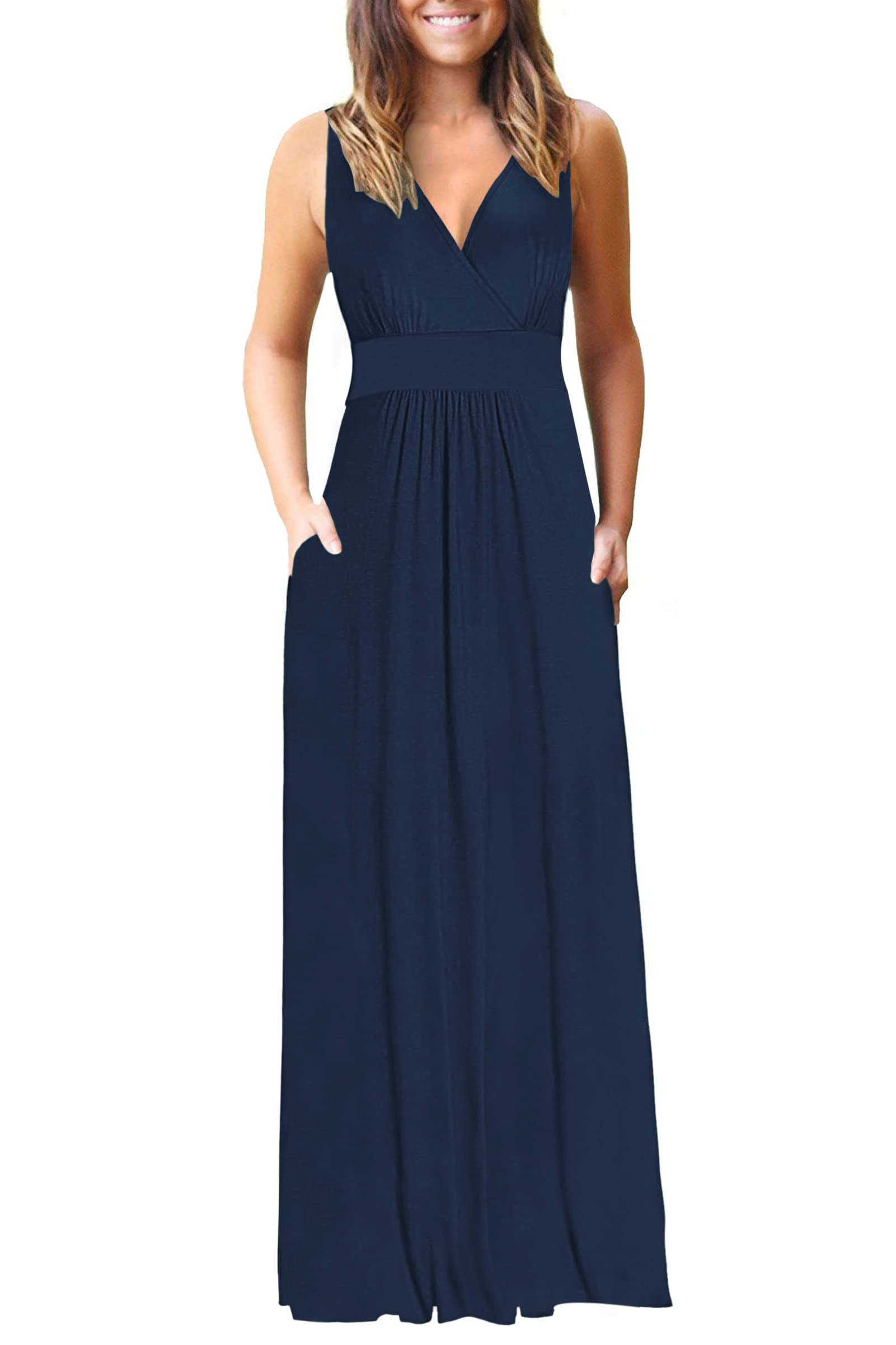 AUSELILY Women's Sleeveless Deep V-Neck Formal Maxi Dress with Pockets - Elegant Loose Plain Cocktail Long Dress for Evening Party, Wedding Guest, Prom & Special Occasions 2025 New