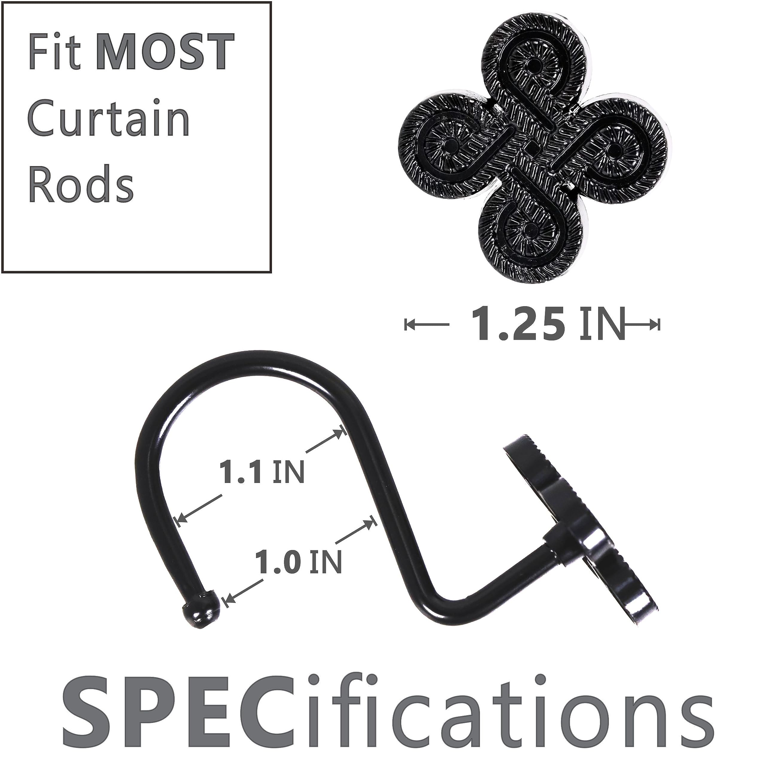 Rust-Proof Metal Shower Curtain Hooks - Set of 12 Black Flower Clover Design Bathroom Accessories for Shower Rod | Durable Decorative Hangers for Bath, Spa & Guest Room Decor