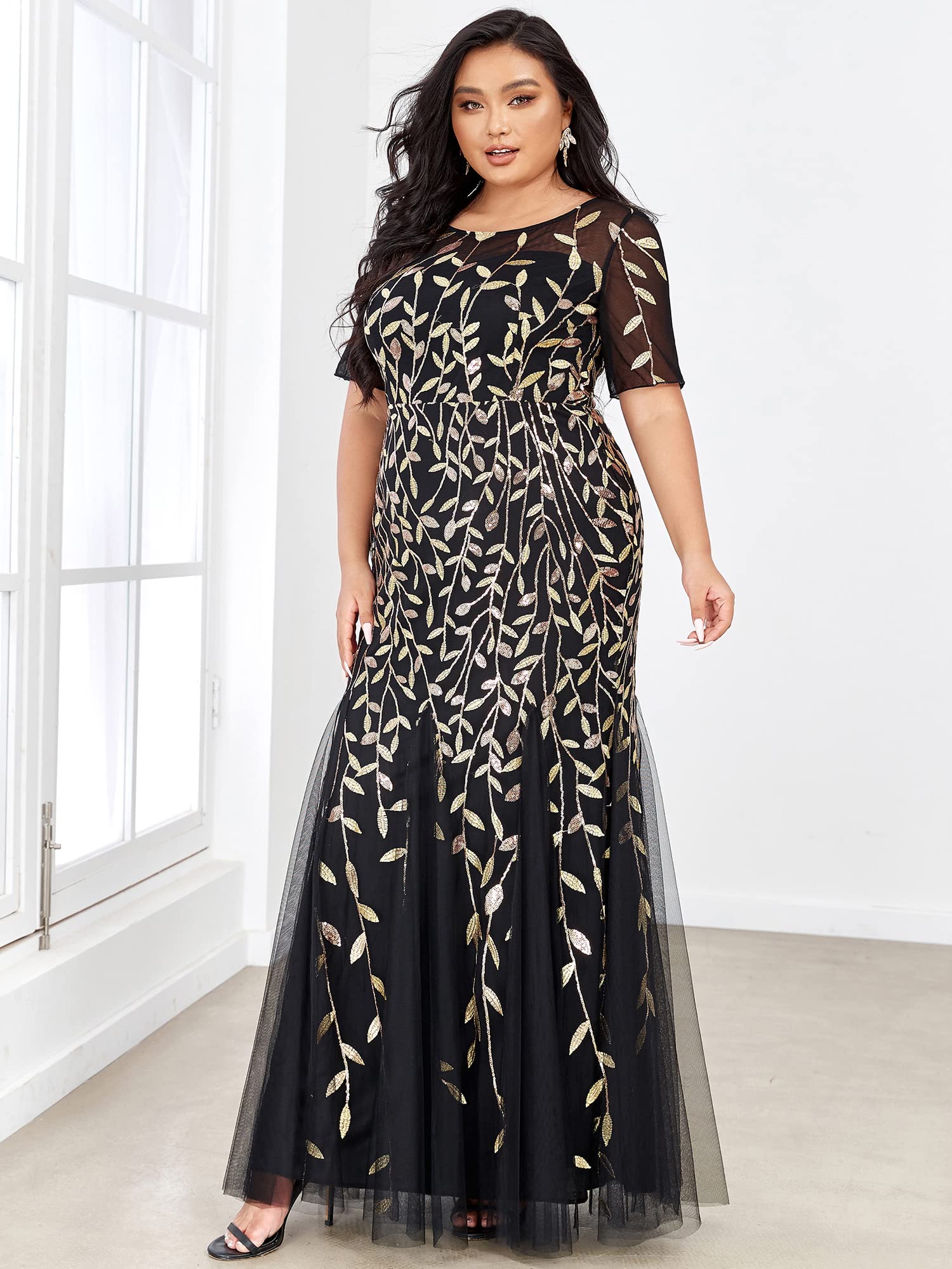 Ever-Pretty Women's Plus Size Embroidery Sequin Short Sleeve Bodycon Maxi Dress for Formal Occasions - Wedding Guest, Cocktail Party, Evening Gala (Style 07707-PZUSA)