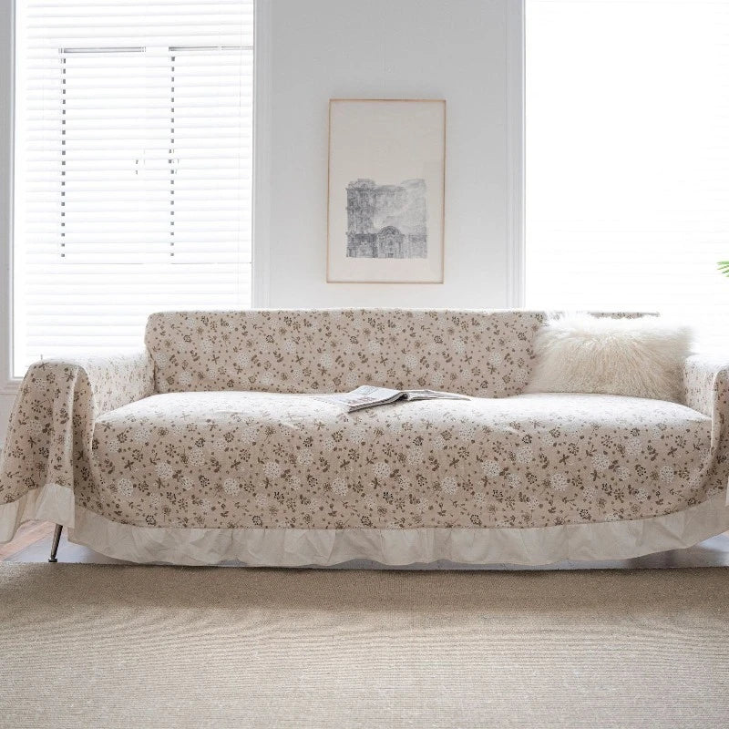 Bohemian Floral Sofa Slipcover with Ruffled Trim - Tribal Print Couch Cover for Living Room Decor, Home Styling & Comfort