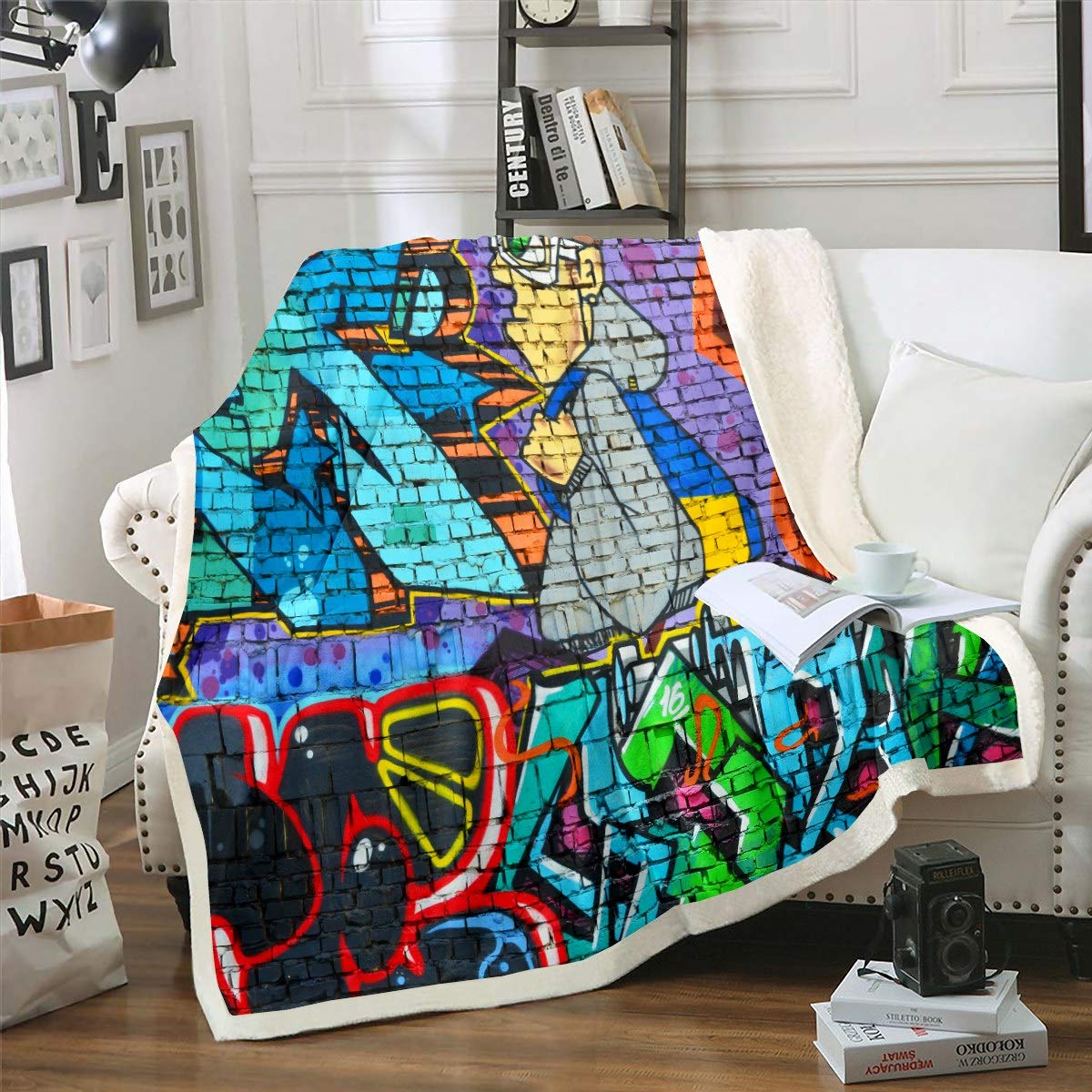 Hippie Graffiti Sherpa Fleece Throw Blanket - 90