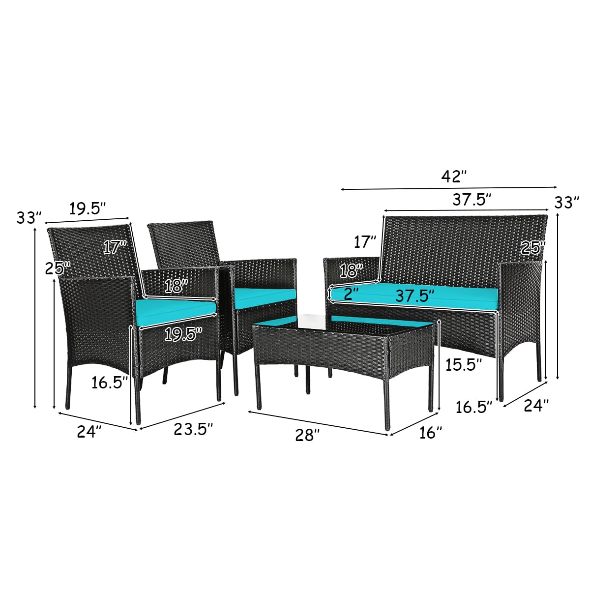 HAPPYGRILL 4-Piece Outdoor Patio Furniture Set - Rattan Wicker Conversation Sofa with Tempered Glass Top Table & Removable Cushions - Perfect for Poolside, Garden, Backyard, and Patio Relaxation