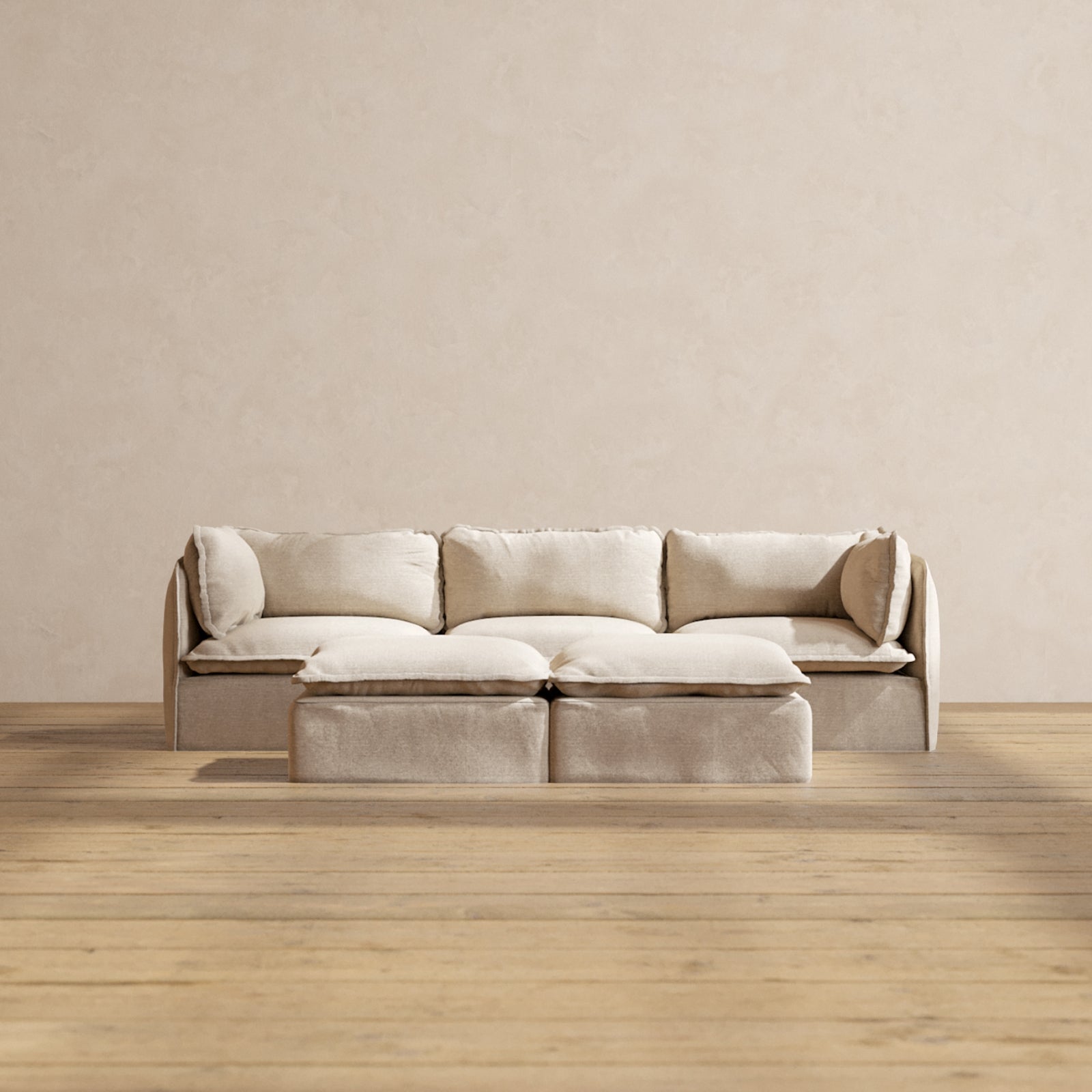 Modular Performance 3-Seater Sofa with Bench Ottoman in Oat Fabric | Modern Sectional Couch for Living Room, Lounge & Family Room | Comfortable L-Shaped Sofa Set for Relaxing and Entertaining