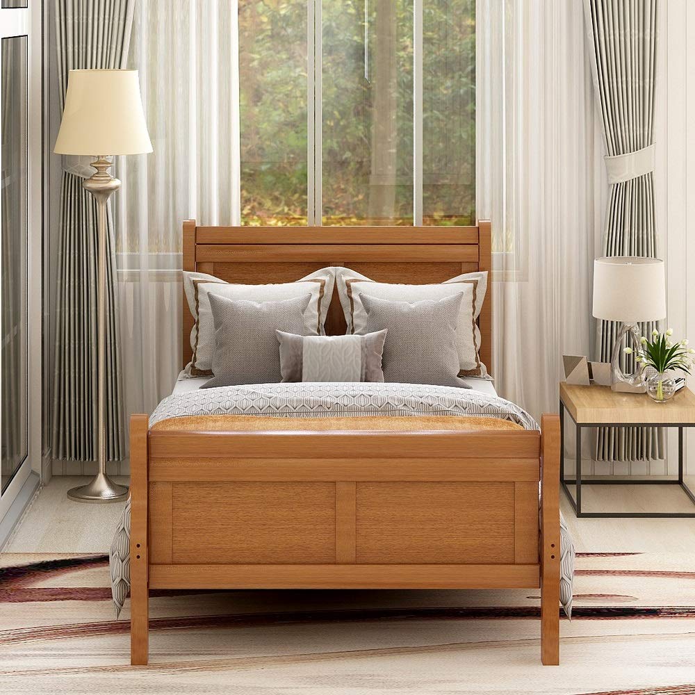 Rhomtree Solid Wood Twin Size Bed Frame with Headboard & Footboard - Sturdy Wooden Slat Support, Mattress Foundation - Bedroom Furniture (Oak Finish) | Perfect for Kids' Rooms, Guest Bedrooms & Small Spaces