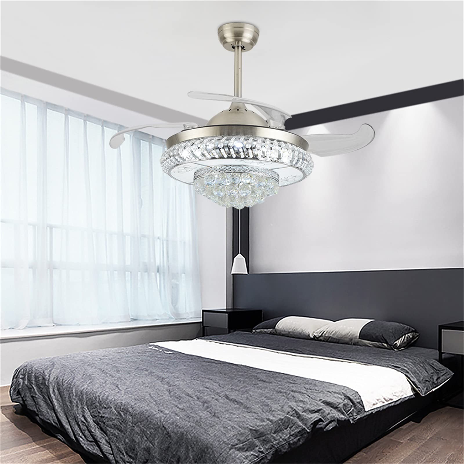 Modern Crystal LED Ceiling Fan with Light - 42 Inch Silver Fandelier with Retractable Blades, Remote Control, 3 Speed Settings & 3 Color Temperatures for Living Room, Bedroom, Dining Room & Kitchen | Energy Efficient Cooling & Stylish Lighting Solution