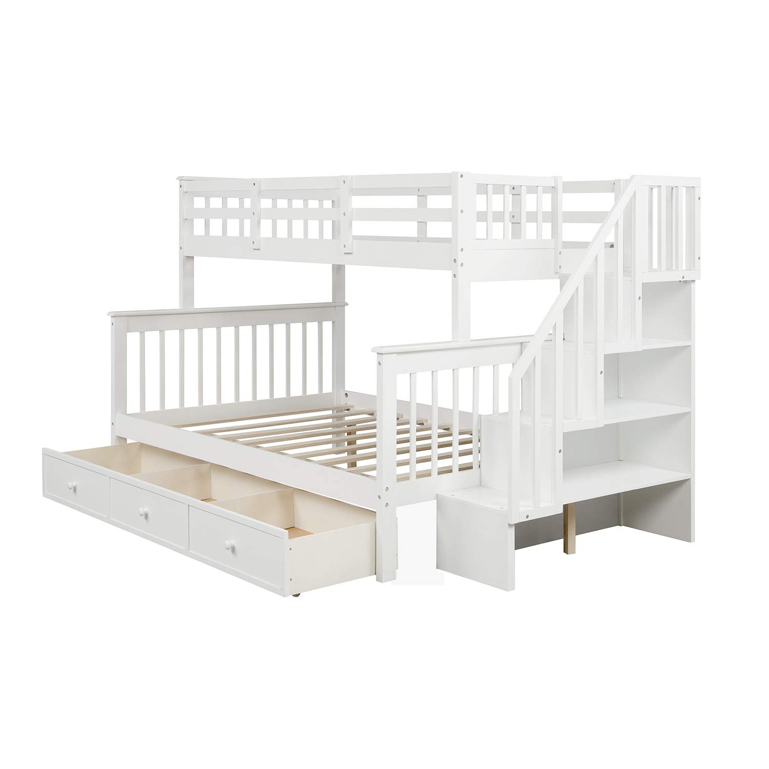 **Danxee Twin Over Full Bunk Bed with Storage Drawer & Guard Rail - Space-Saving Kids Bed Frame for Small Rooms (White) - Perfect for Shared Kids' Bedrooms, Sleepovers & Compact Living Spaces**