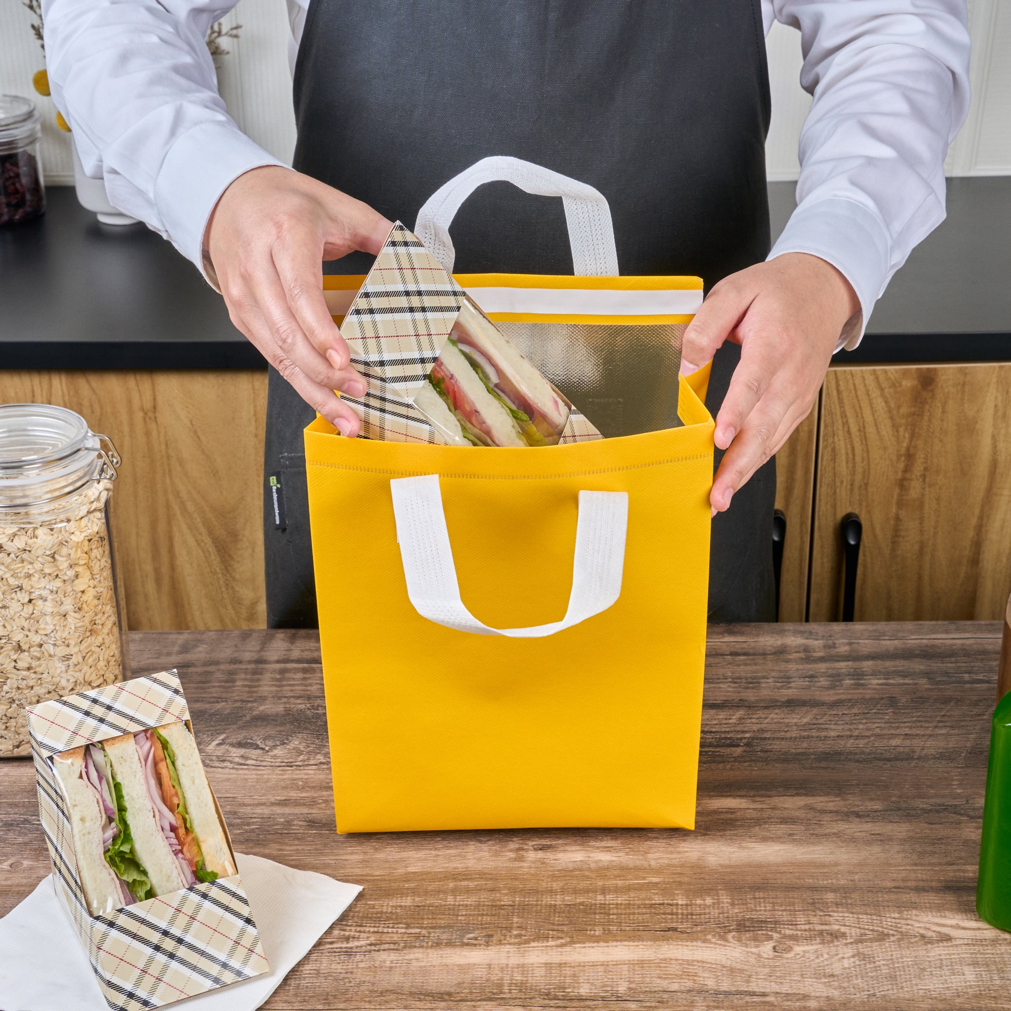 Yellow Insulated Take Out Bags - Tamper Evident Food Delivery Bags (8.25